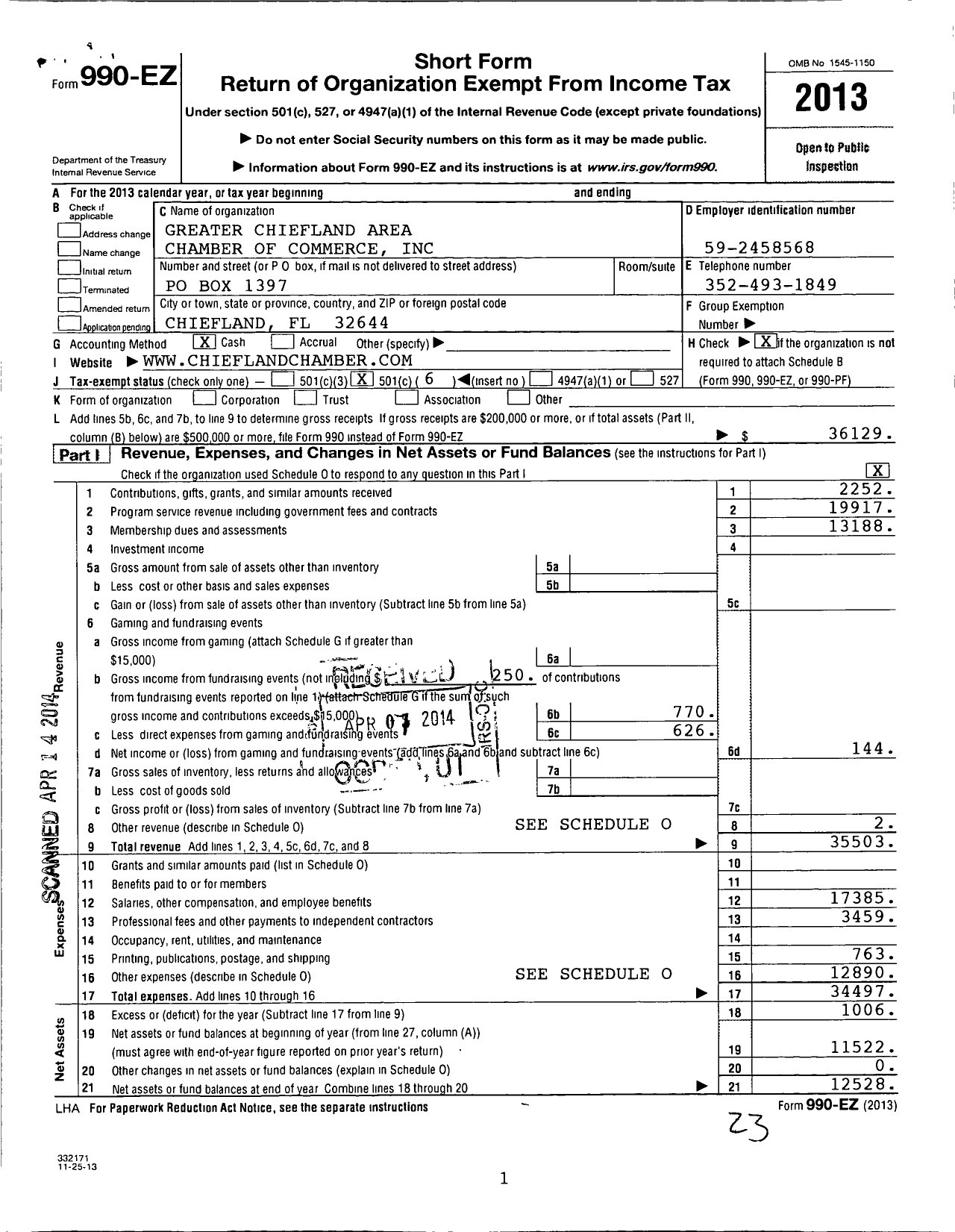 Image of first page of 2013 Form 990EO for Greater Chiefland Area Chamber of Commerce