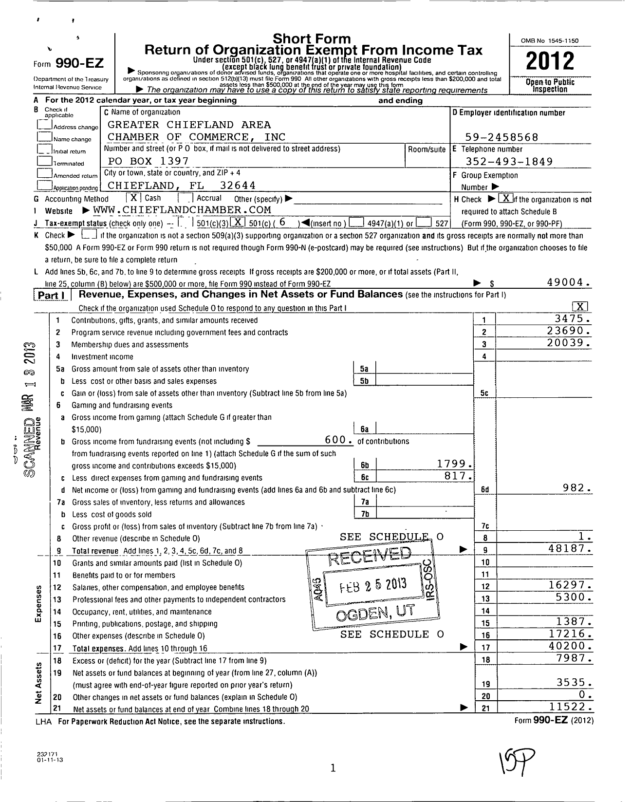 Image of first page of 2012 Form 990EO for Greater Chiefland Area Chamber of Commerce