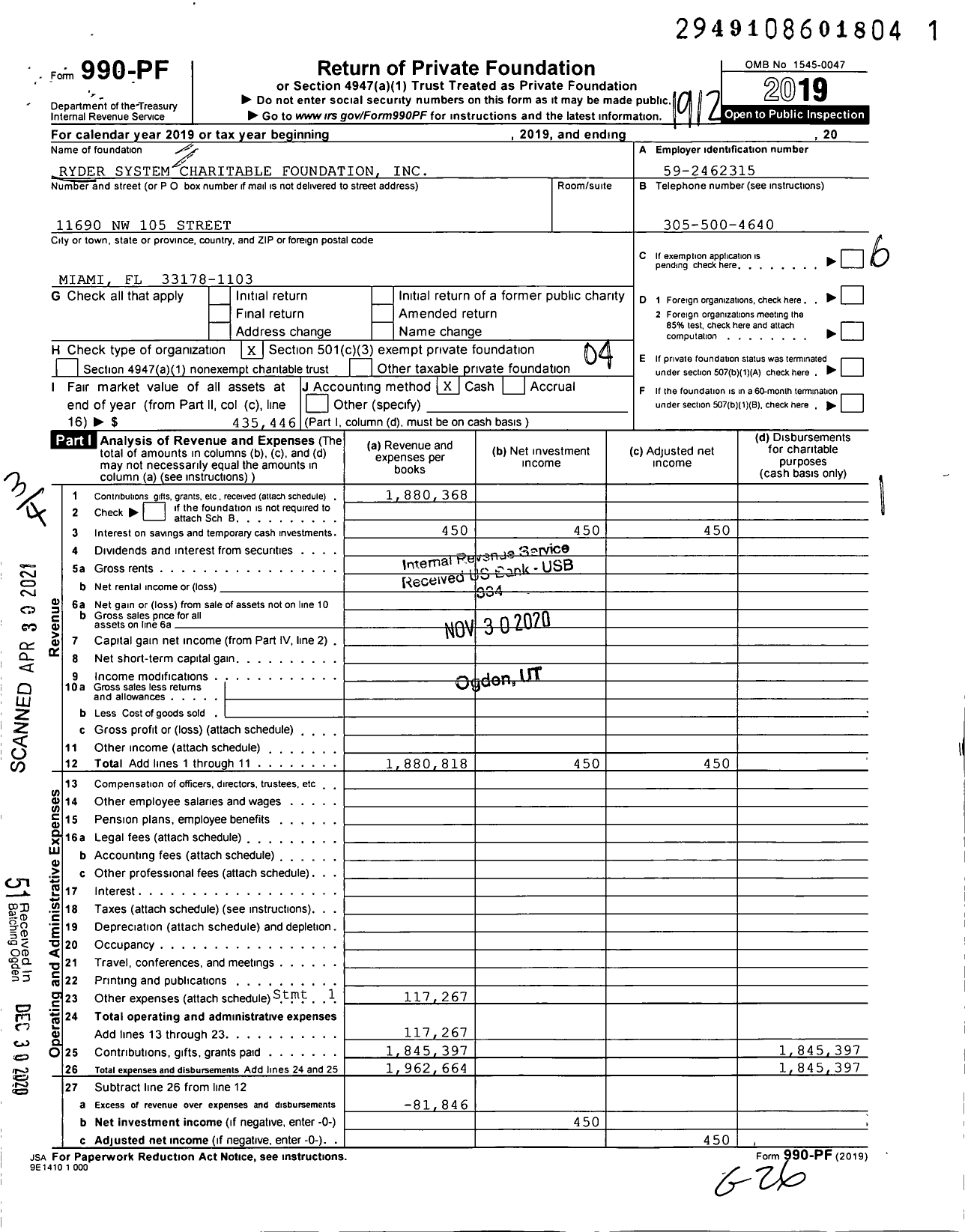 Image of first page of 2019 Form 990PF for Ryder System Charitable Foundation