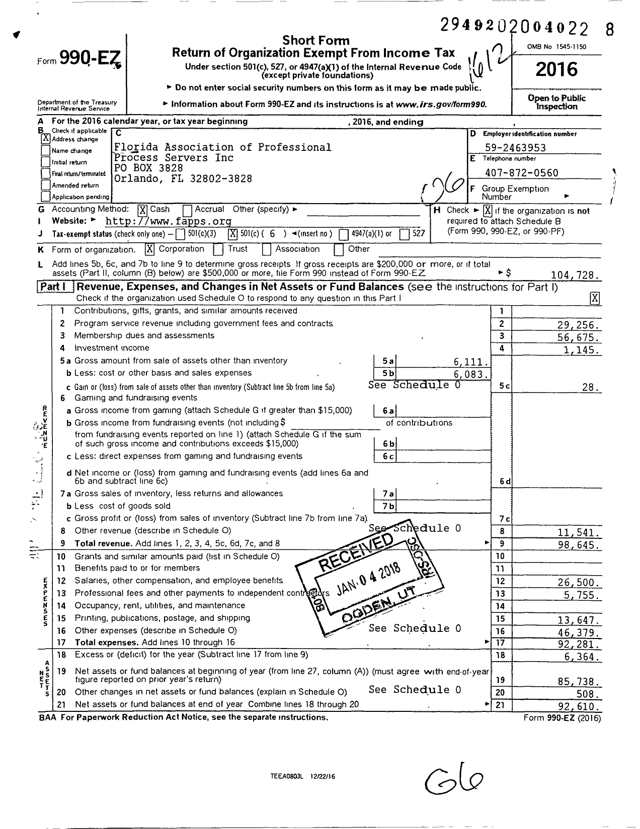 Image of first page of 2016 Form 990EO for Florida Association of Professional Process Servers