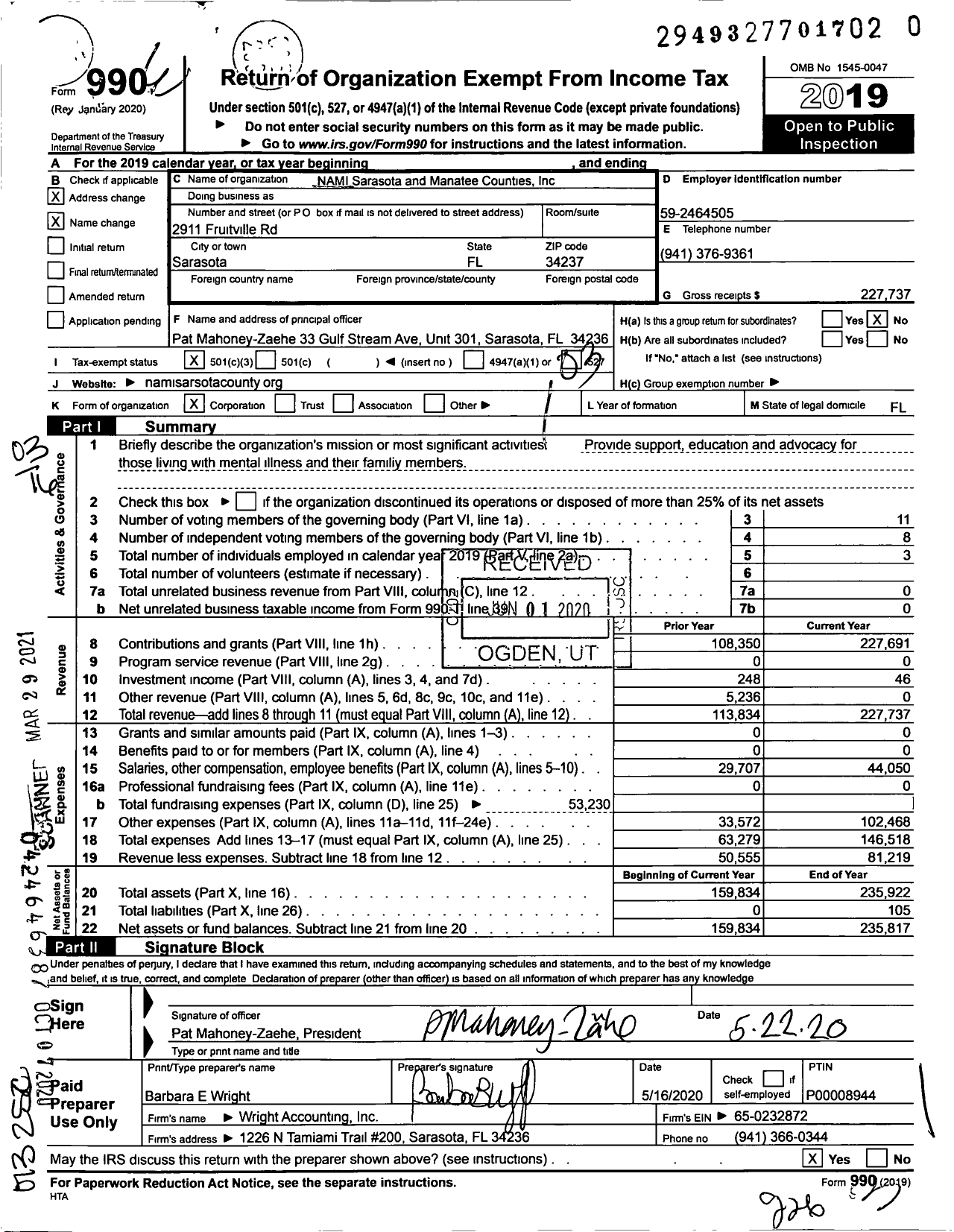 Image of first page of 2019 Form 990 for Nami Sarasota and Manatee Counties