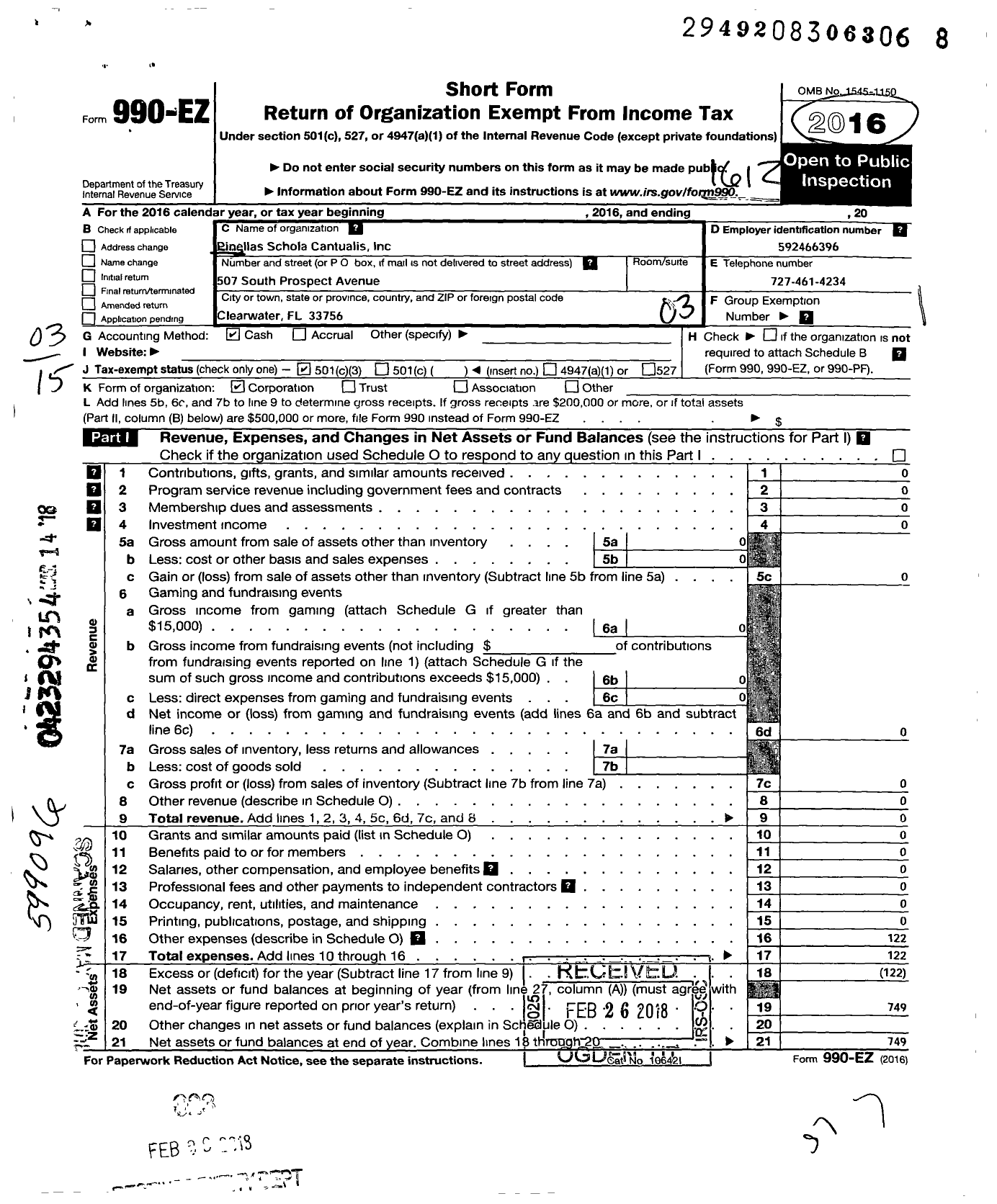 Image of first page of 2016 Form 990EZ for Pinellas Schola Cantualis Pinellas Chant Choir