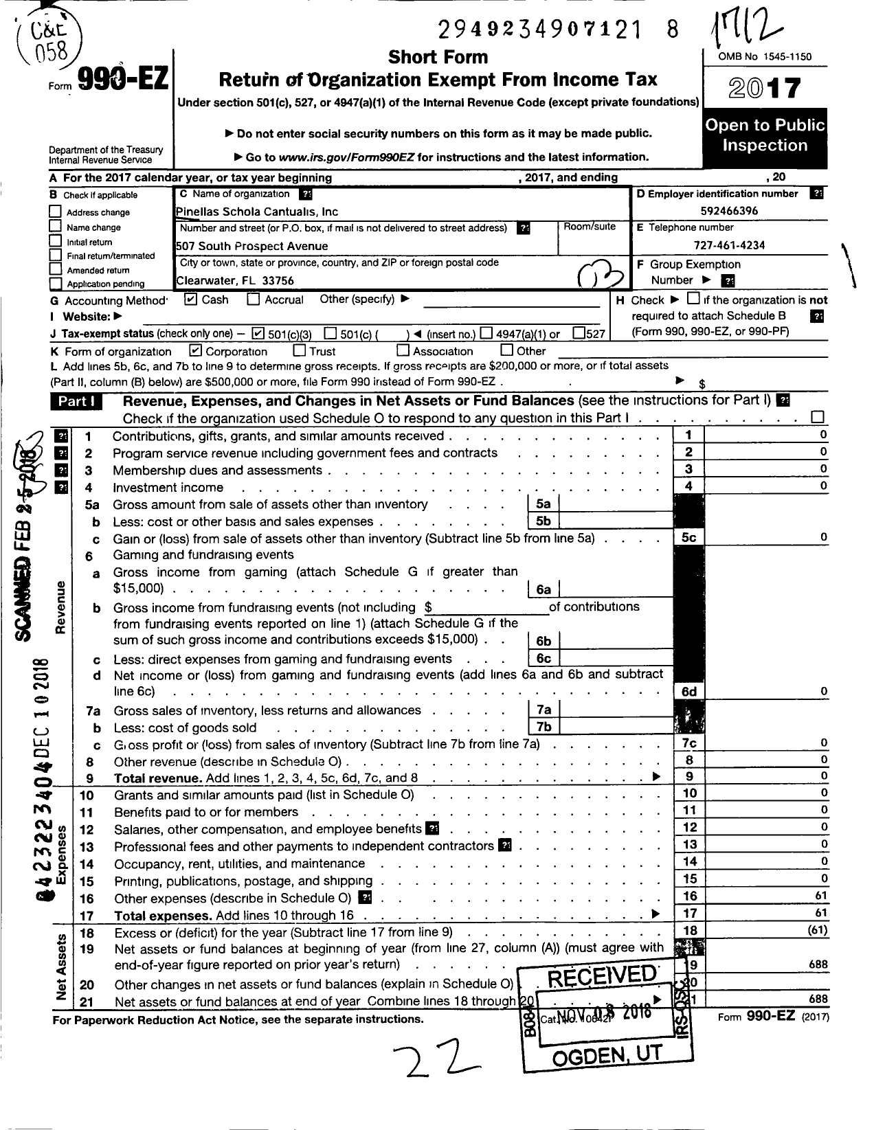 Image of first page of 2017 Form 990EZ for Pinellas Schola Cantualis Pinellas Chant Choir