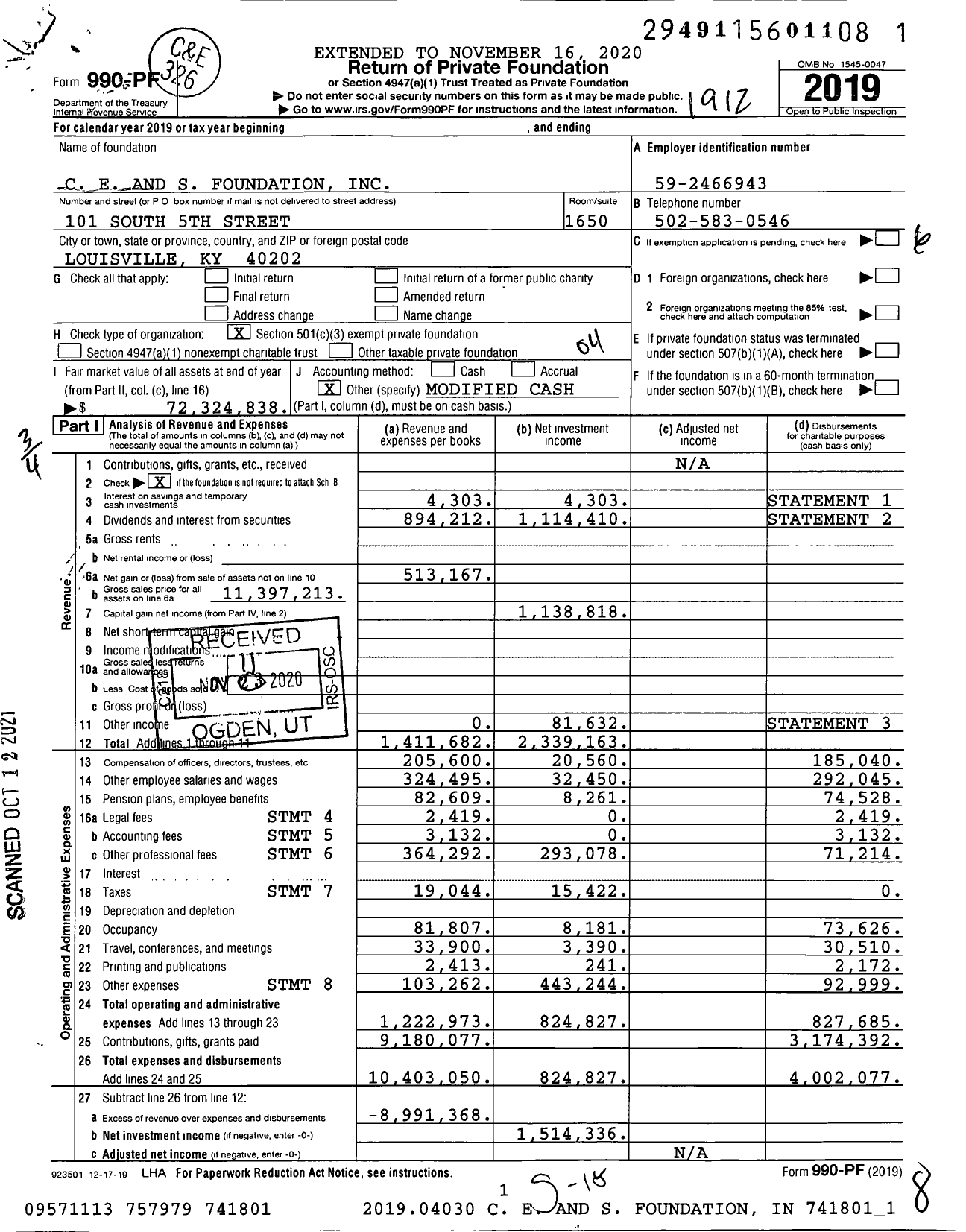 Image of first page of 2019 Form 990PF for C E and S Foundation