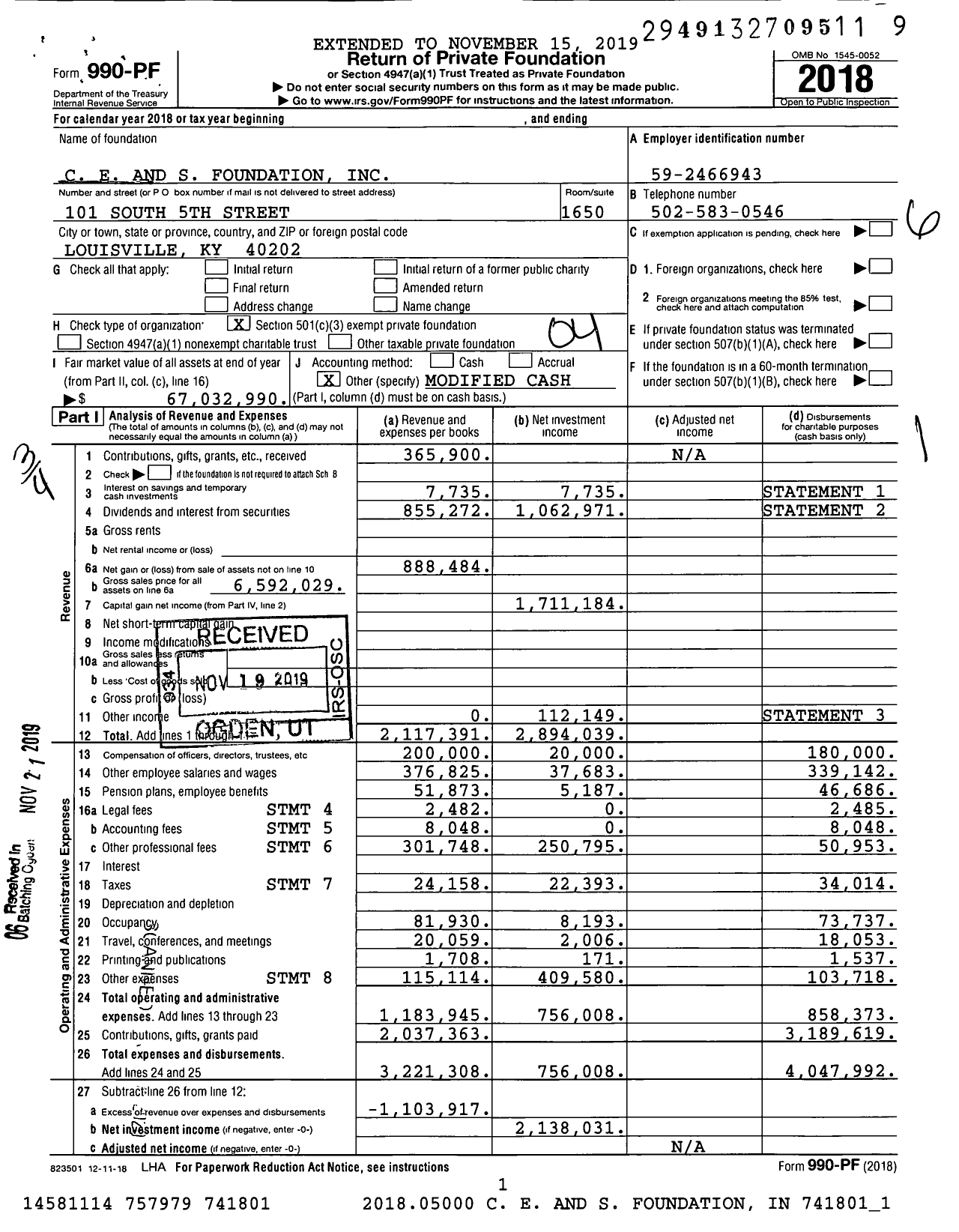 Image of first page of 2018 Form 990PF for C E and S Foundation