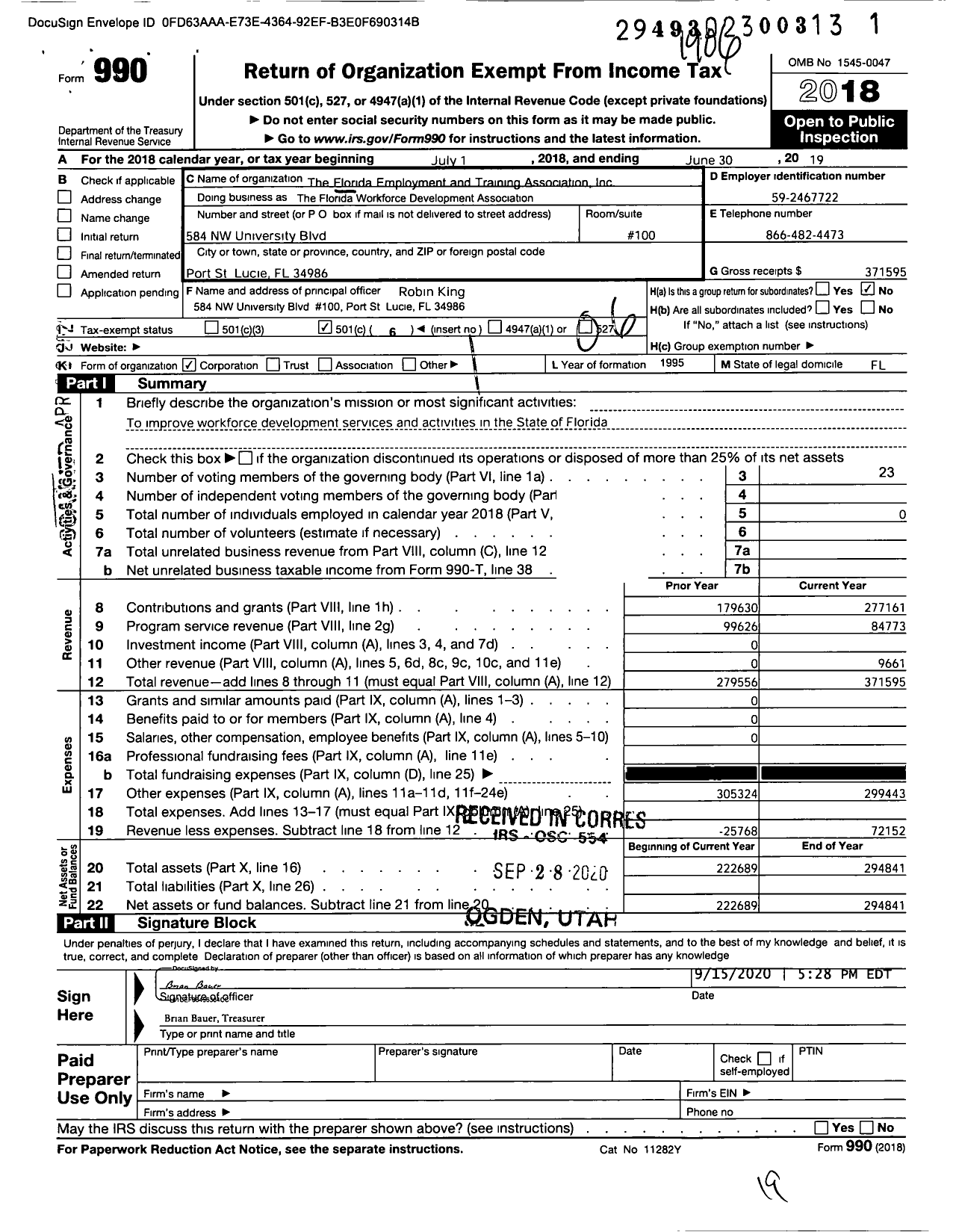 Image of first page of 2018 Form 990O for Florida Workforce Development Association