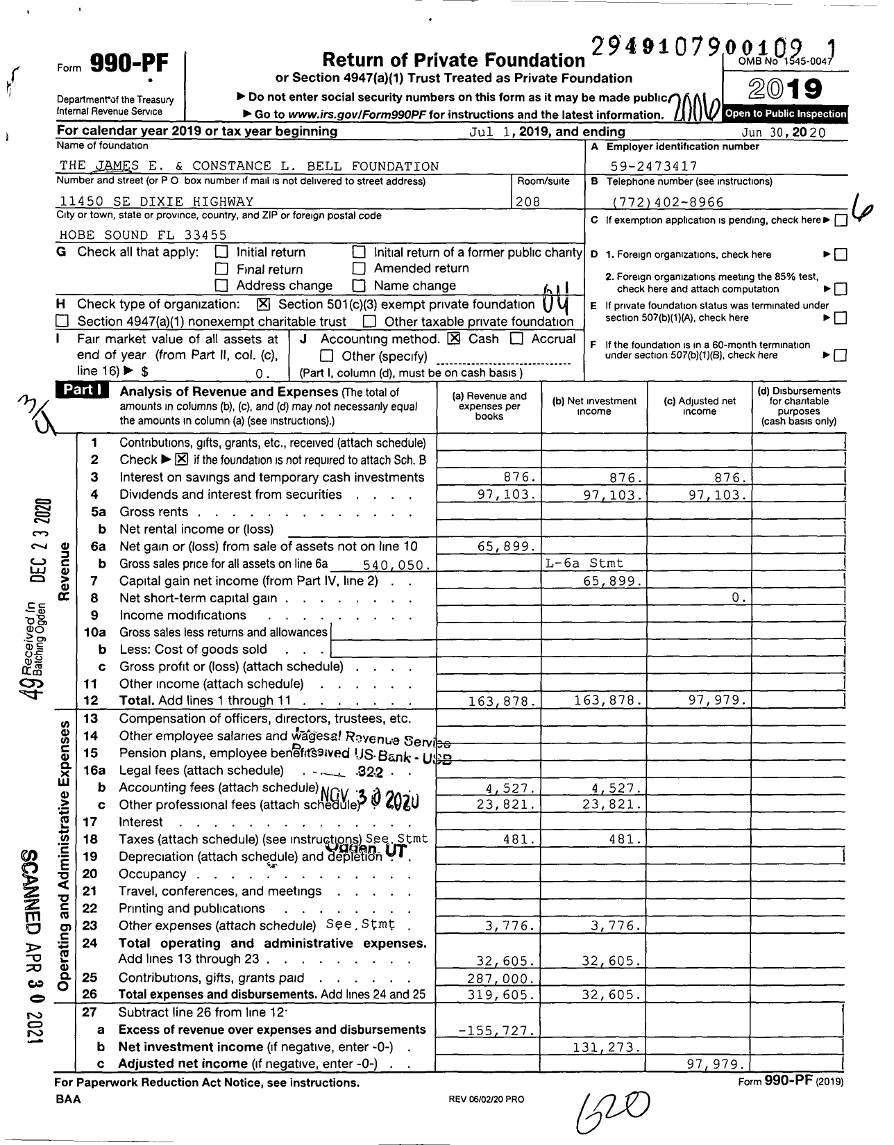 Image of first page of 2019 Form 990PF for The James E and Constance L Bell Foundation