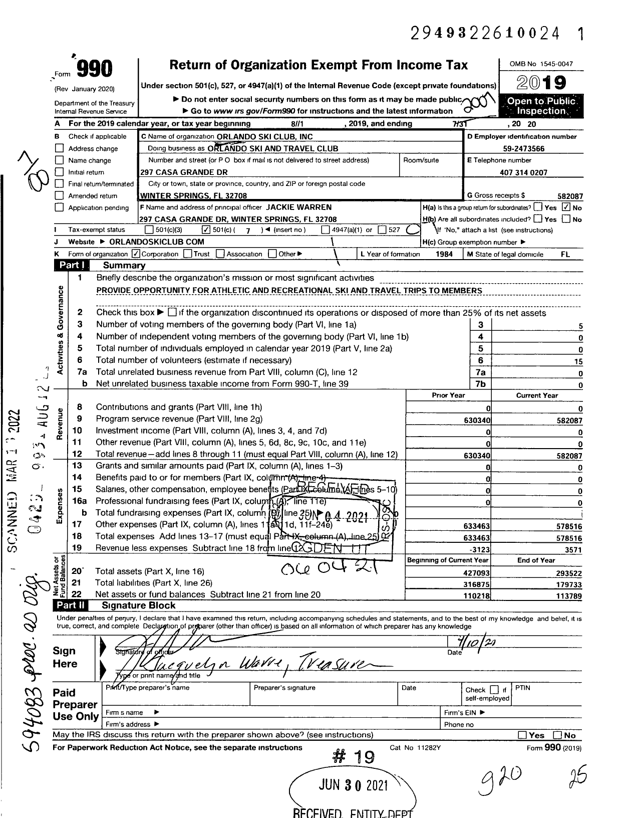 Image of first page of 2019 Form 990O for Orlando Ski and Travel Club