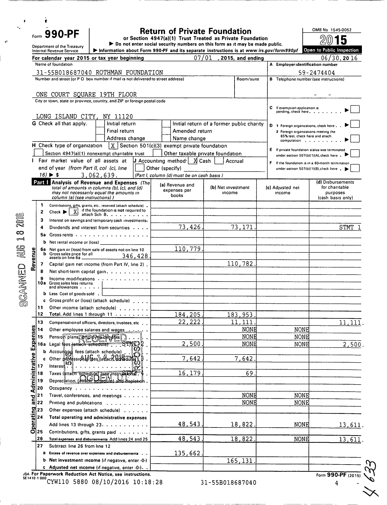 Image of first page of 2015 Form 990PF for Rothman Foundation