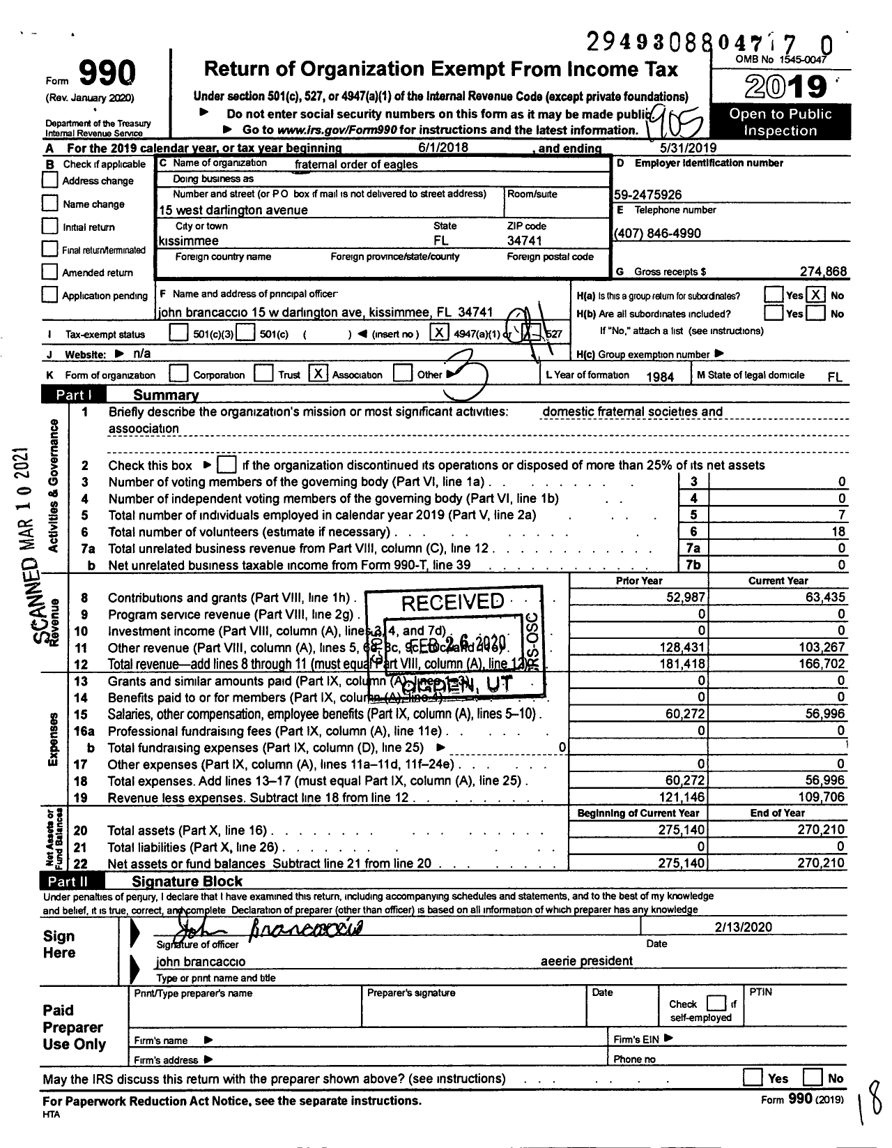 Image of first page of 2018 Form 990O for Fraternal Order of Eagles 4048