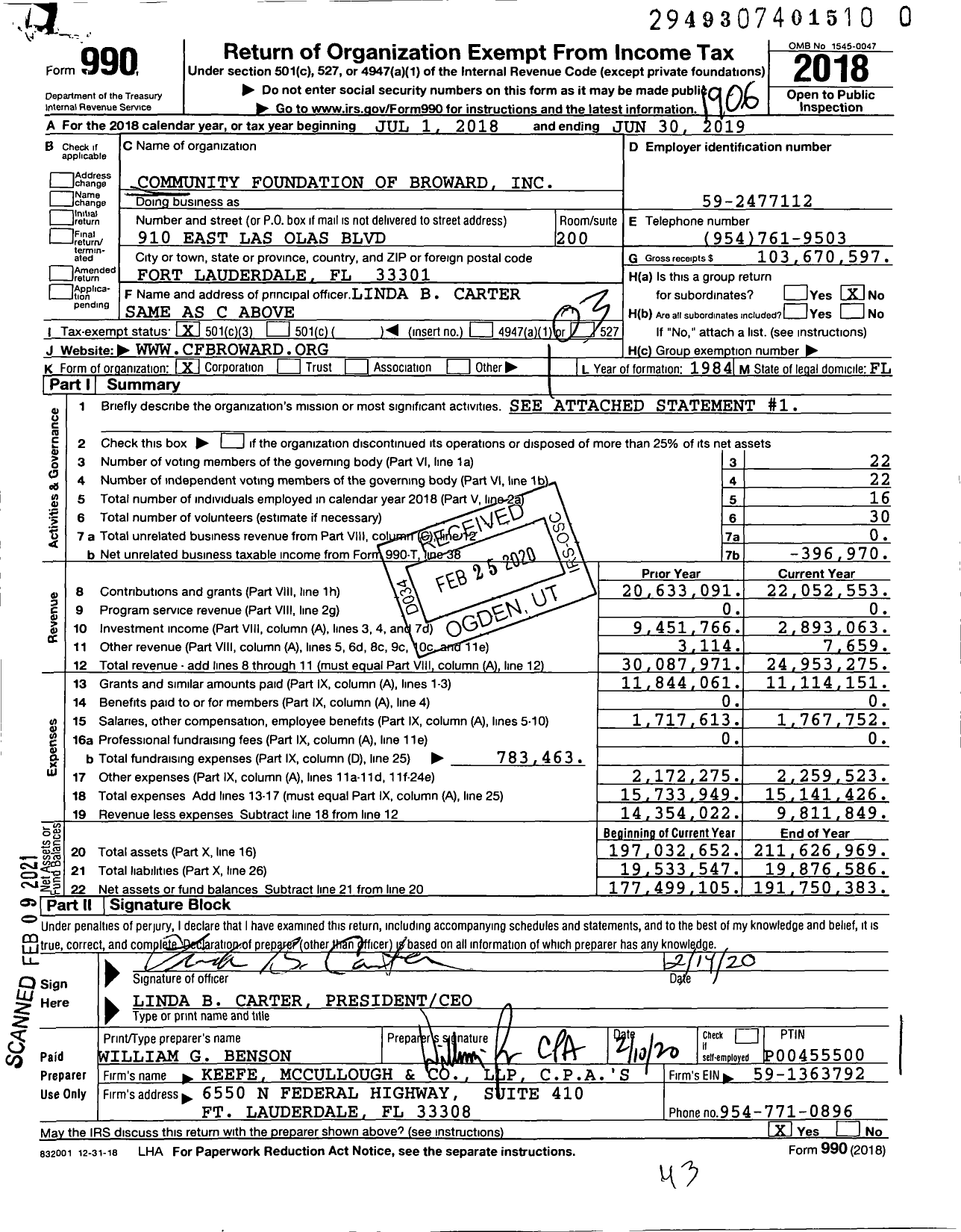 Image of first page of 2018 Form 990 for Community Foundation of Broward