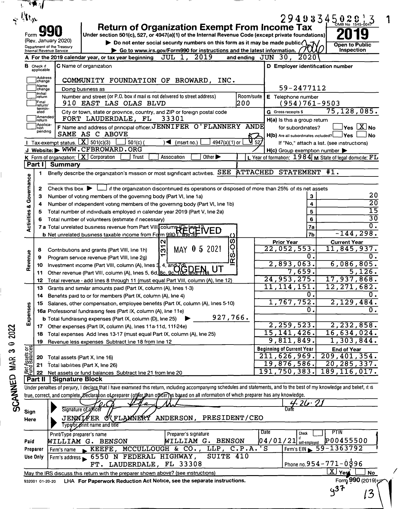 Image of first page of 2019 Form 990 for Community Foundation of Broward