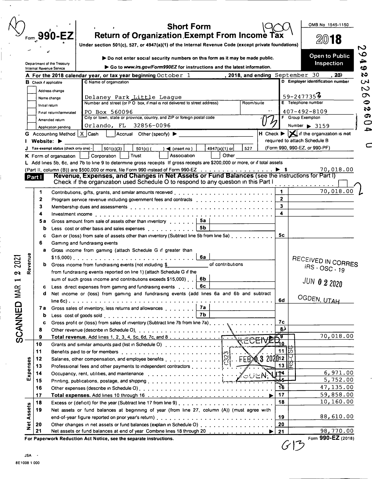 Image of first page of 2018 Form 990EZ for Little League Baseball - 3090307 Delaney Park LL