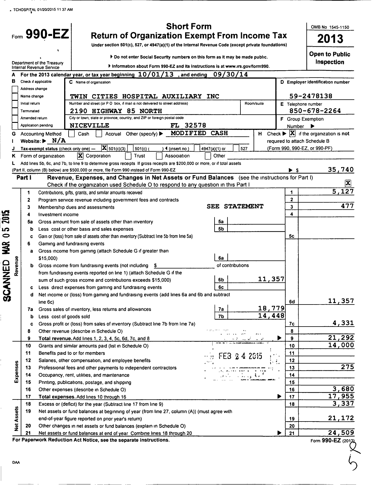 Image of first page of 2013 Form 990EZ for Twin Cities Hospital Auxiliary