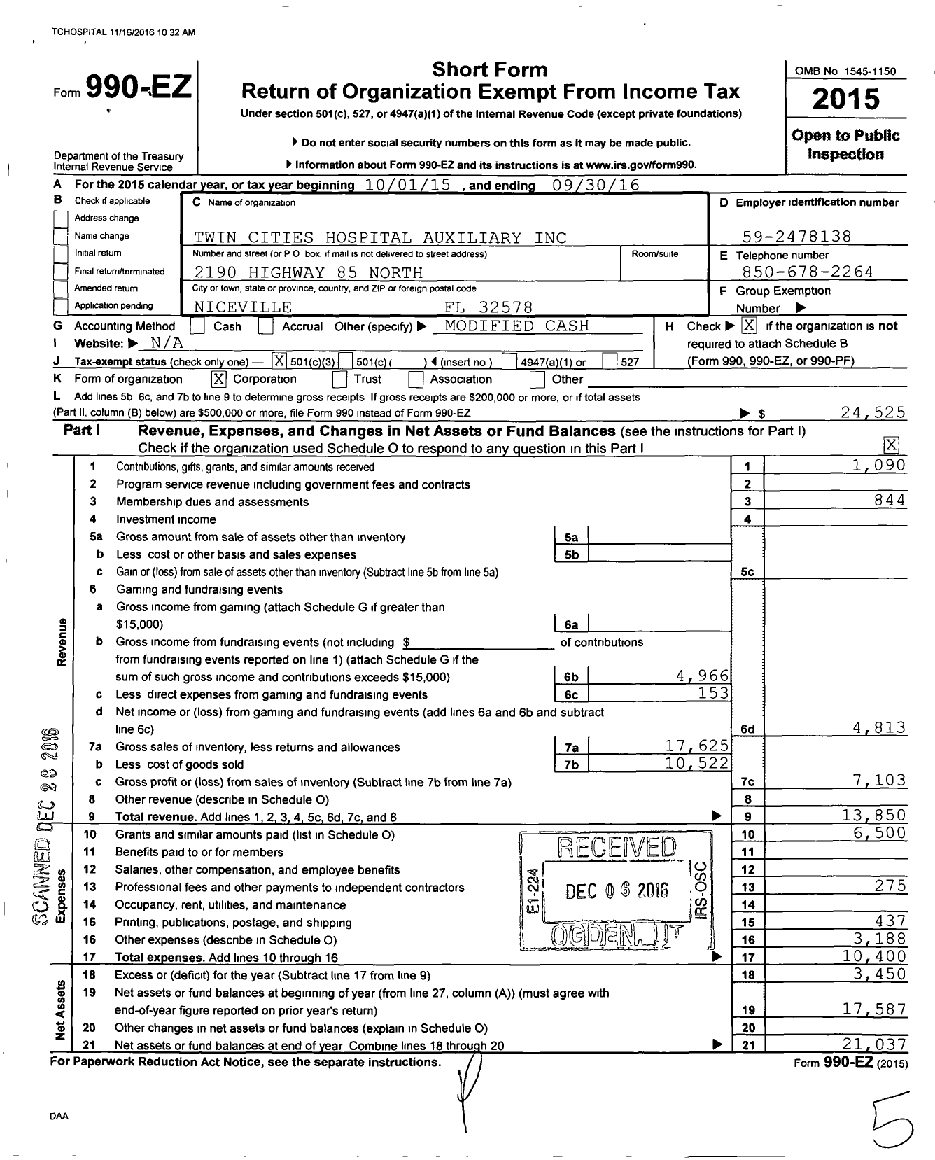 Image of first page of 2015 Form 990EZ for Twin Cities Hospital Auxiliary