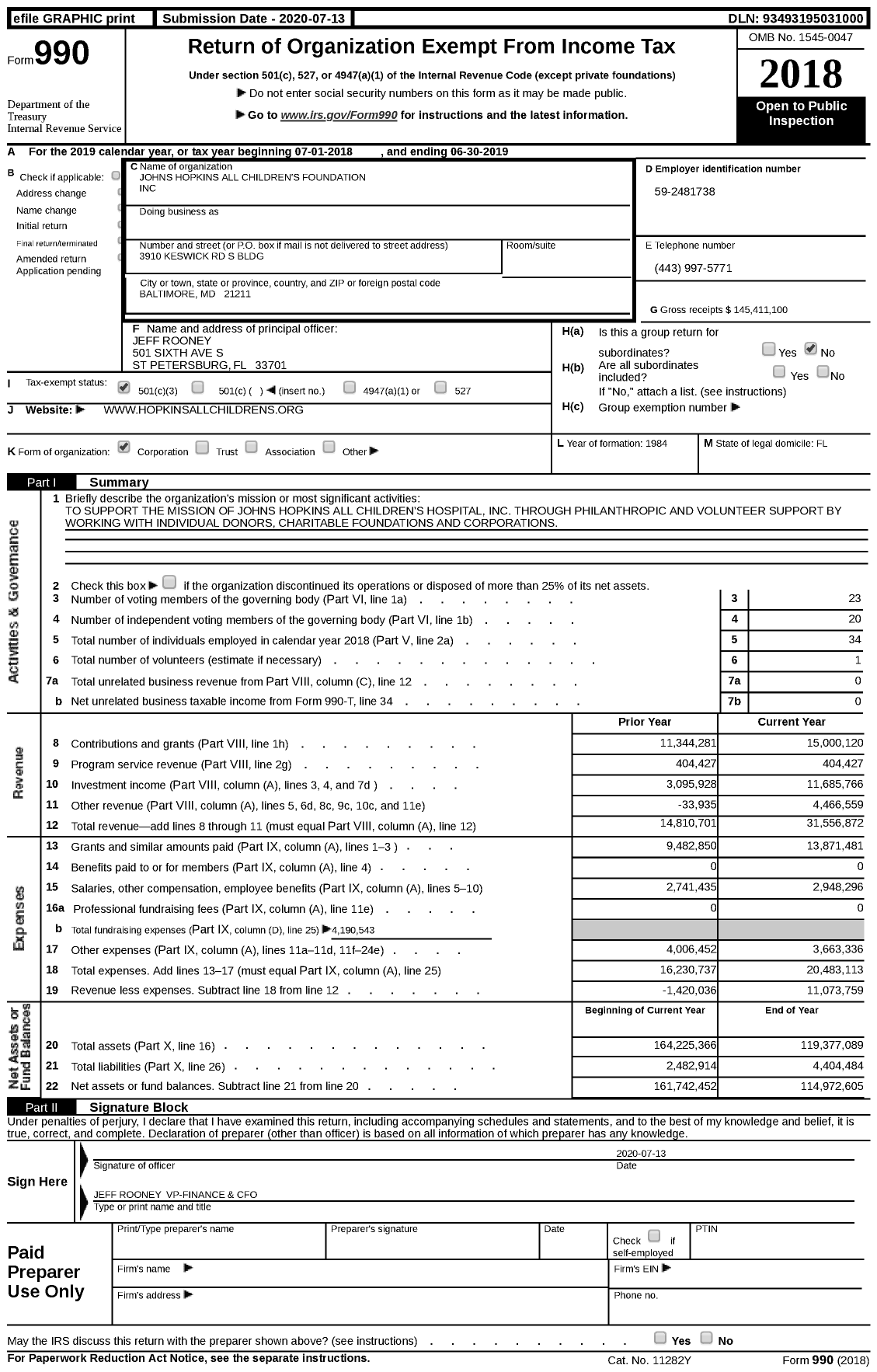 Image of first page of 2018 Form 990 for Johns Hopkins All Children's Foundation