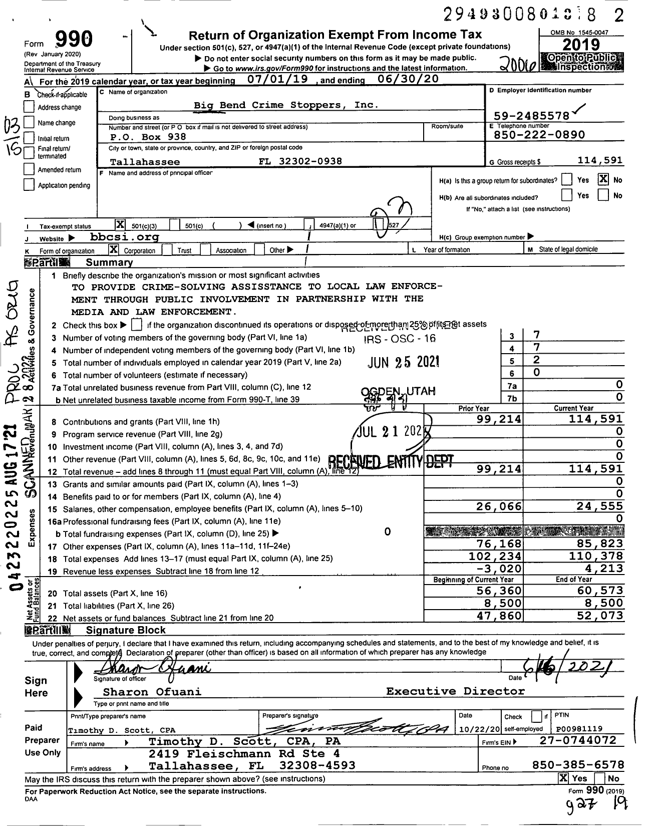 Image of first page of 2019 Form 990 for Big Bend Crime Solvers