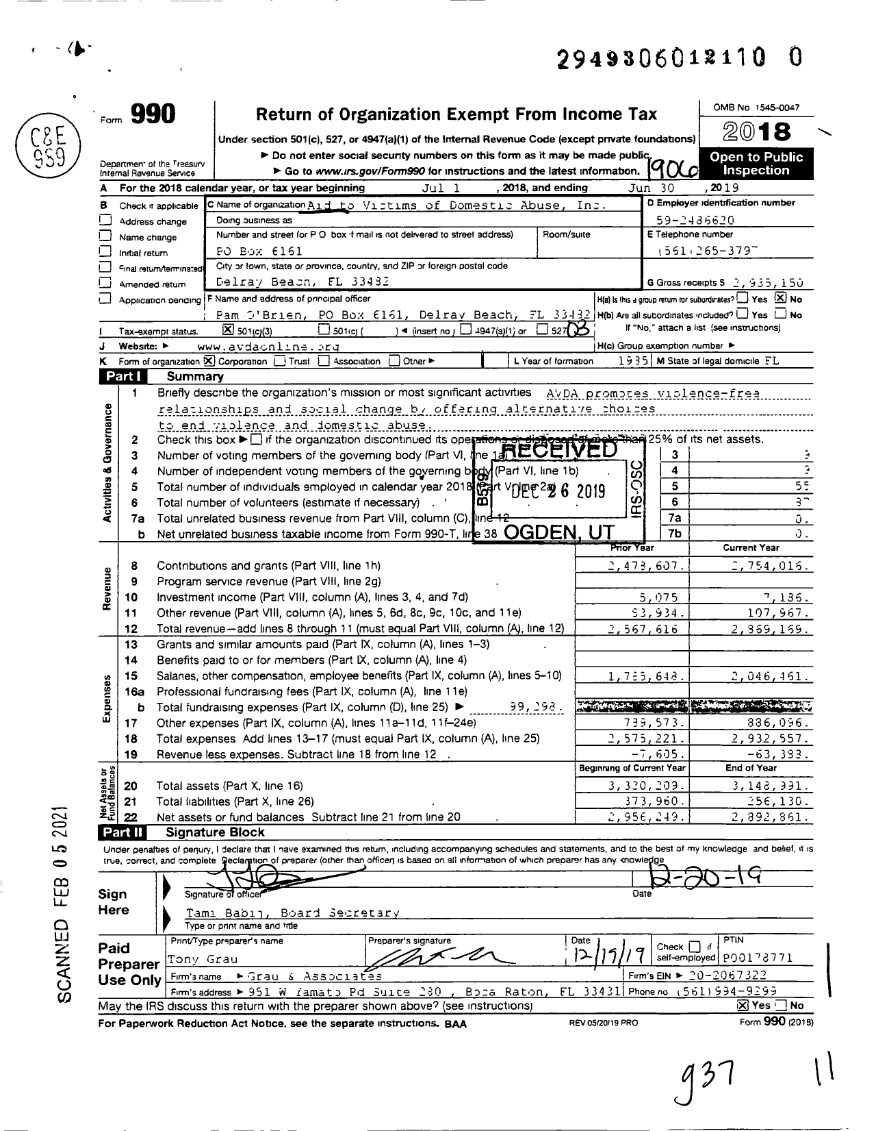 Image of first page of 2018 Form 990 for Aid to Victims of Domestic Abuse