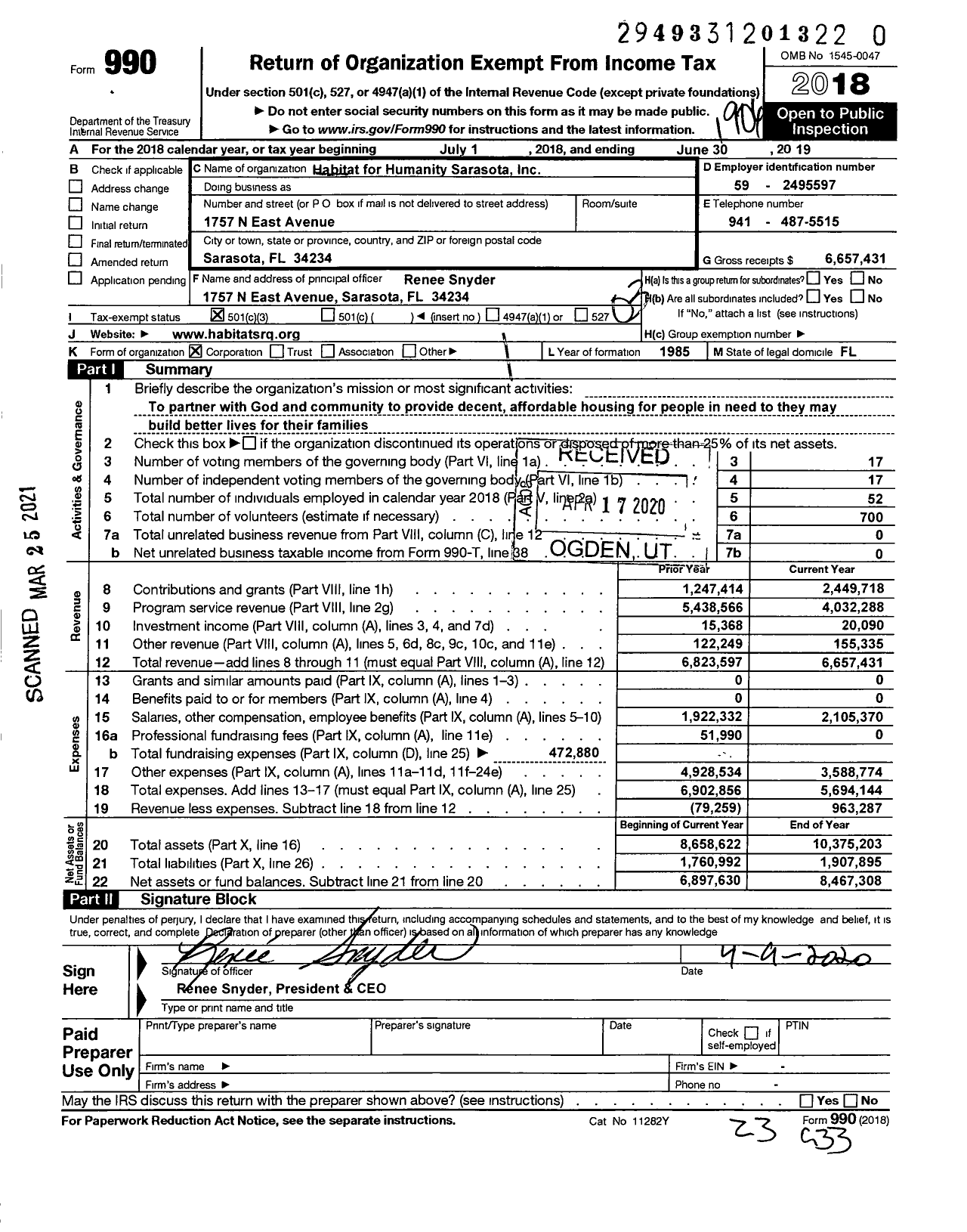 Image of first page of 2018 Form 990 for Habitat for Humanity Sarasota