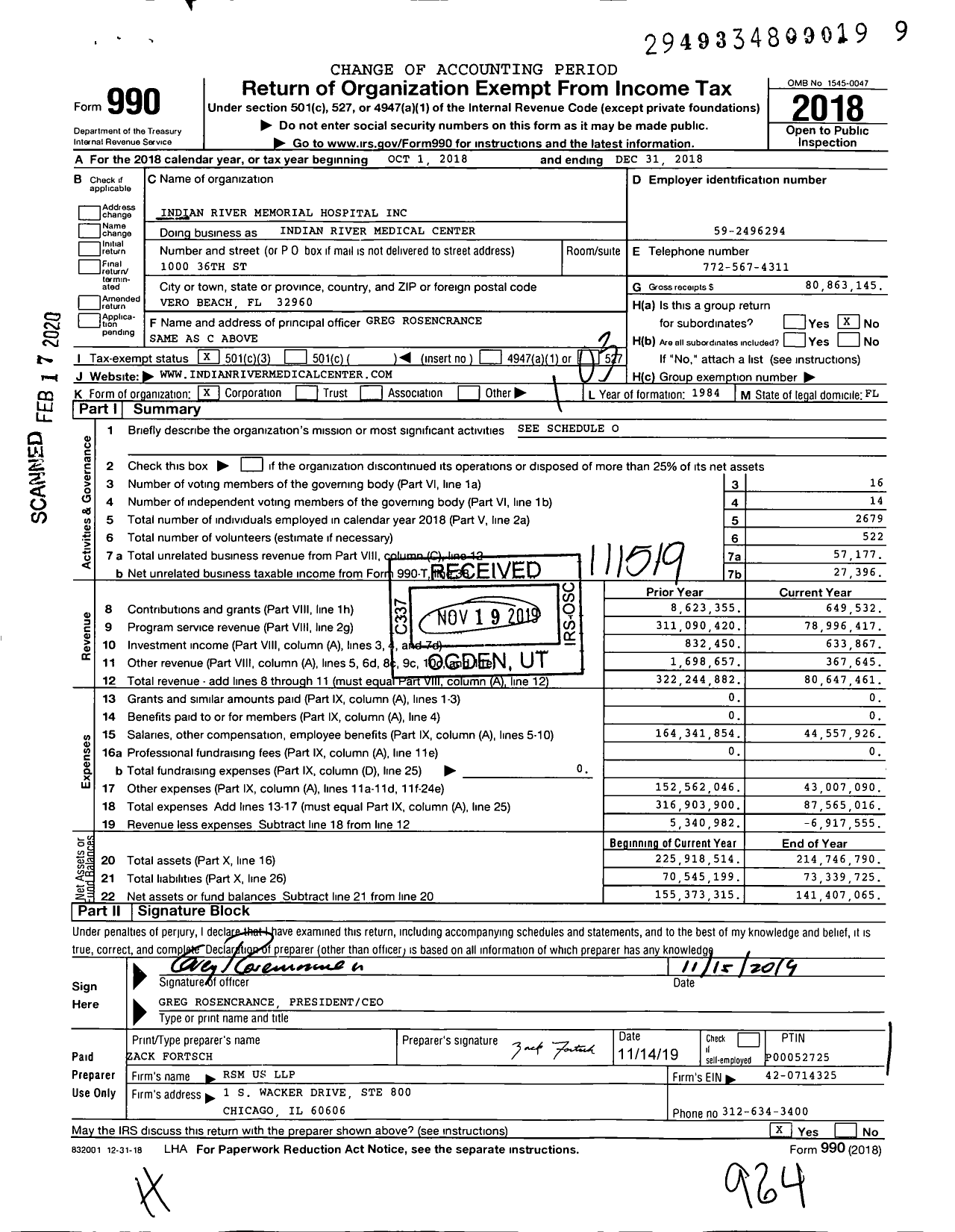 Image of first page of 2018 Form 990 for Indian River Medical Center (IRMC)