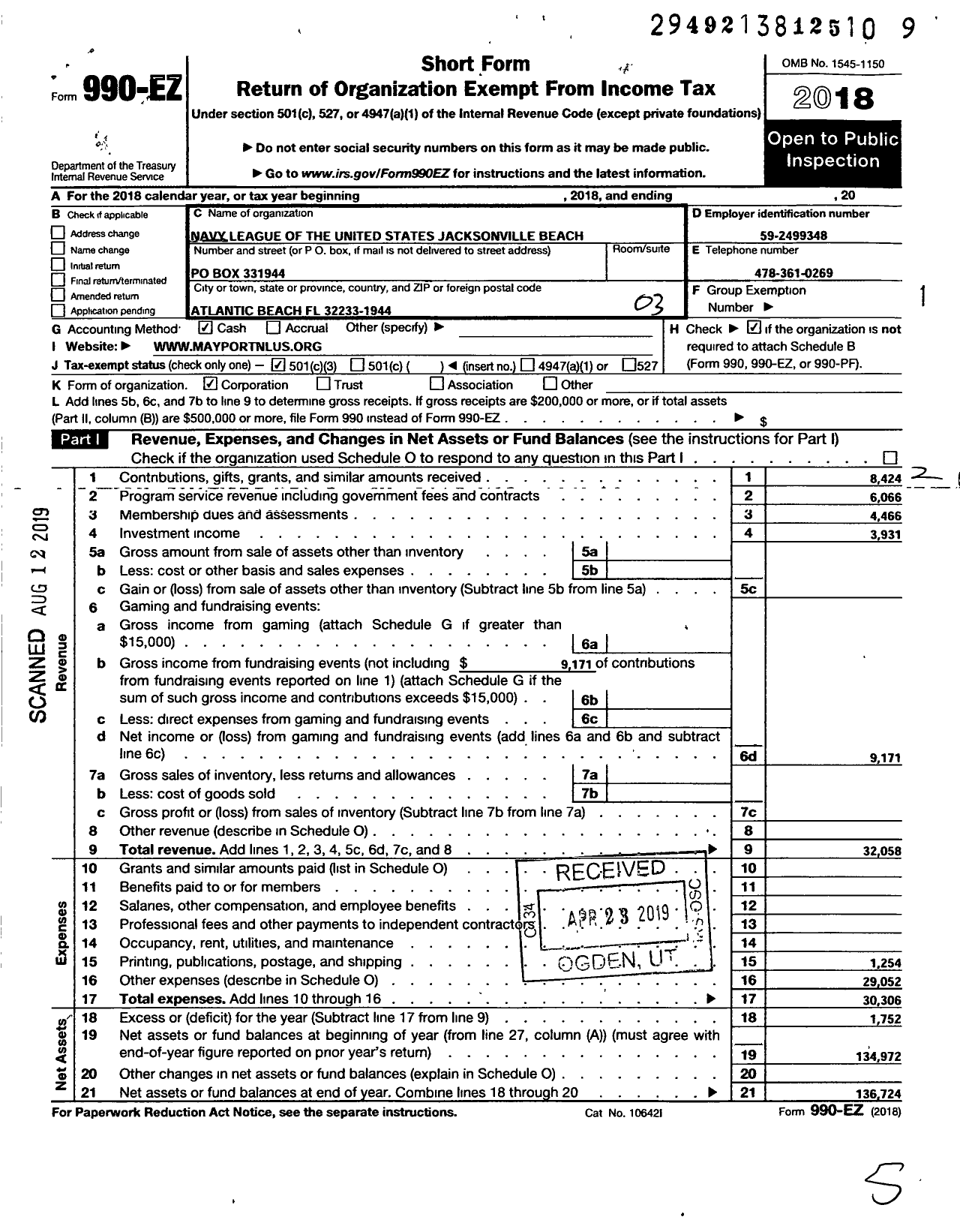 Image of first page of 2018 Form 990EZ for Navy League of the United States Jacksonville Beaches Mayport Counc