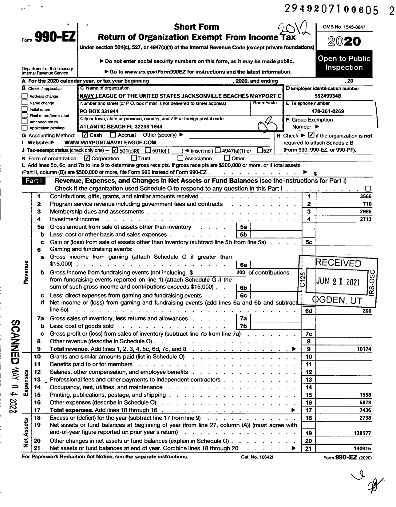 Image of first page of 2020 Form 990EZ for Navy League of the United States Jacksonville Beaches Mayport Counc