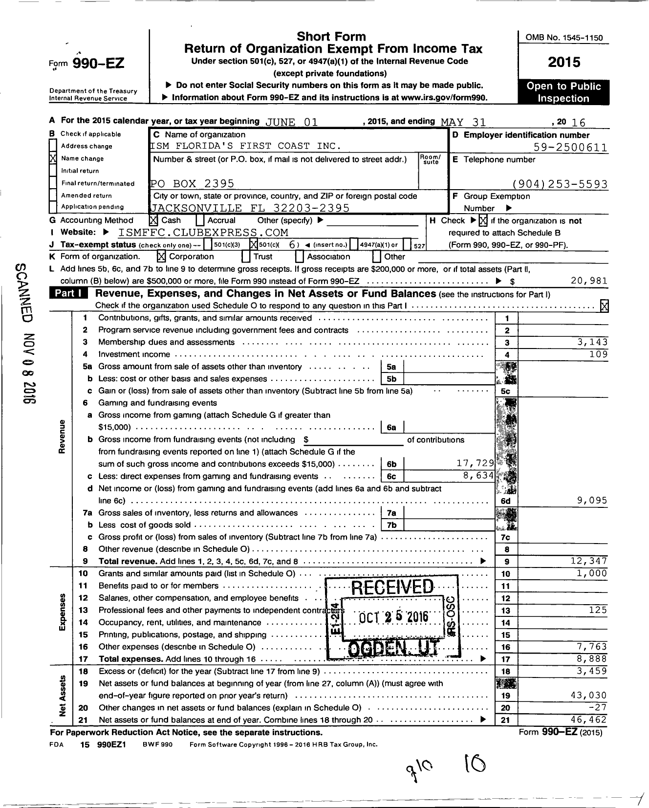 Image of first page of 2015 Form 990EO for Ism Floridas First Coast Ism Floridas First Coast