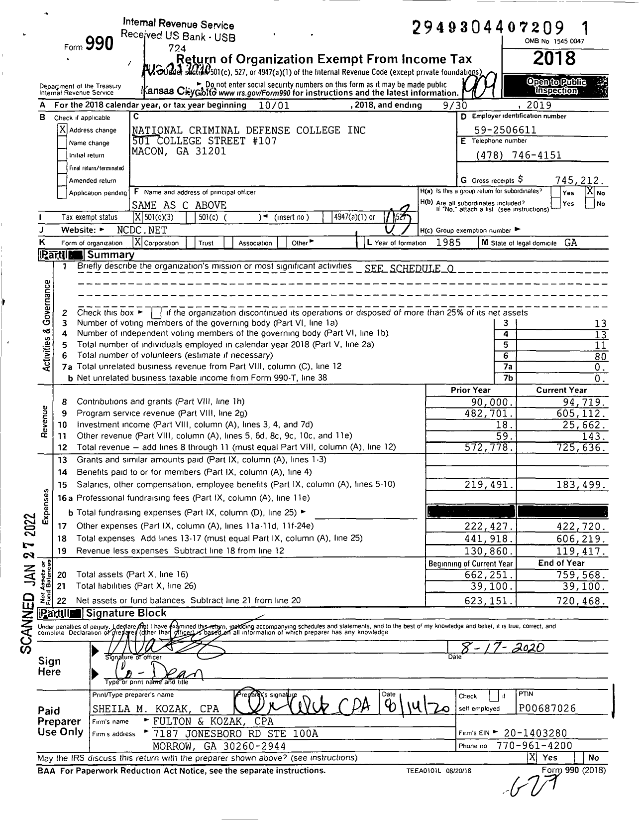 Image of first page of 2018 Form 990 for National Criminal Defense College