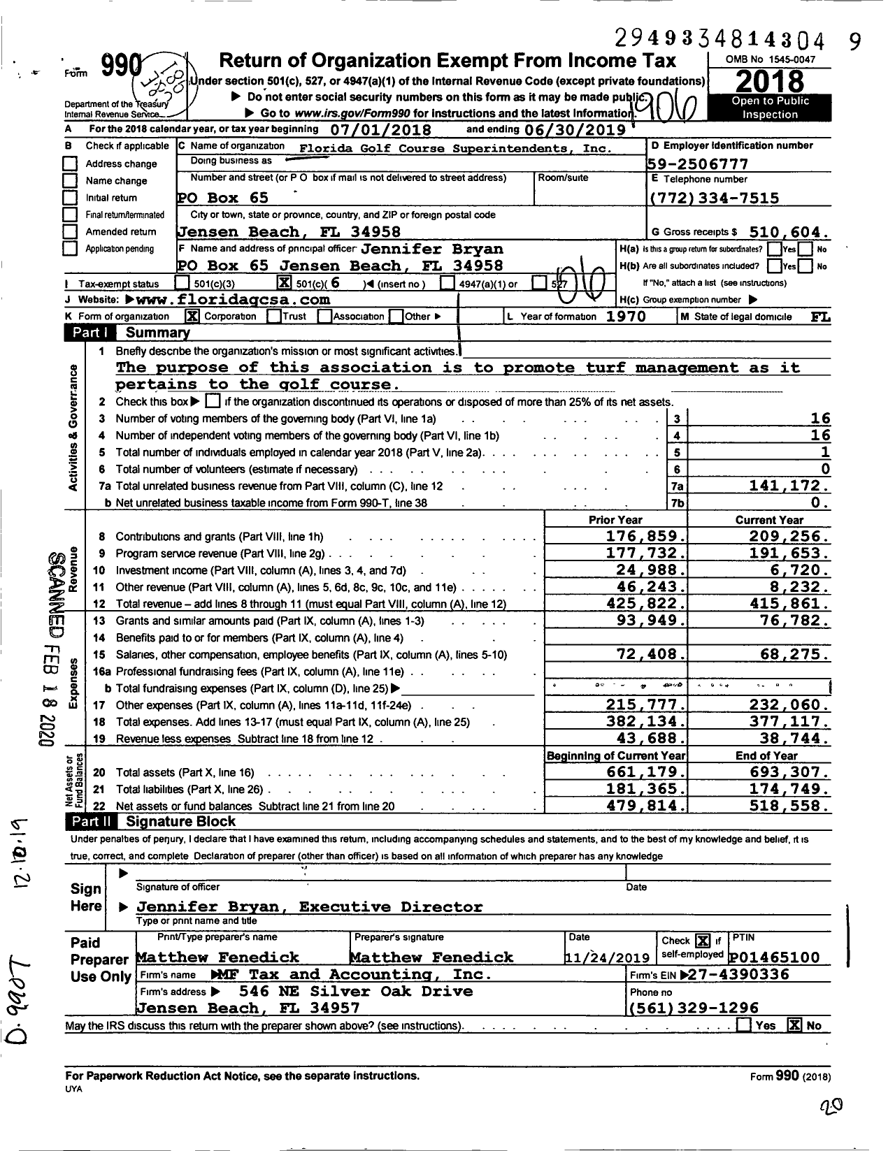 Image of first page of 2018 Form 990O for Florida Golf Course Superintendents