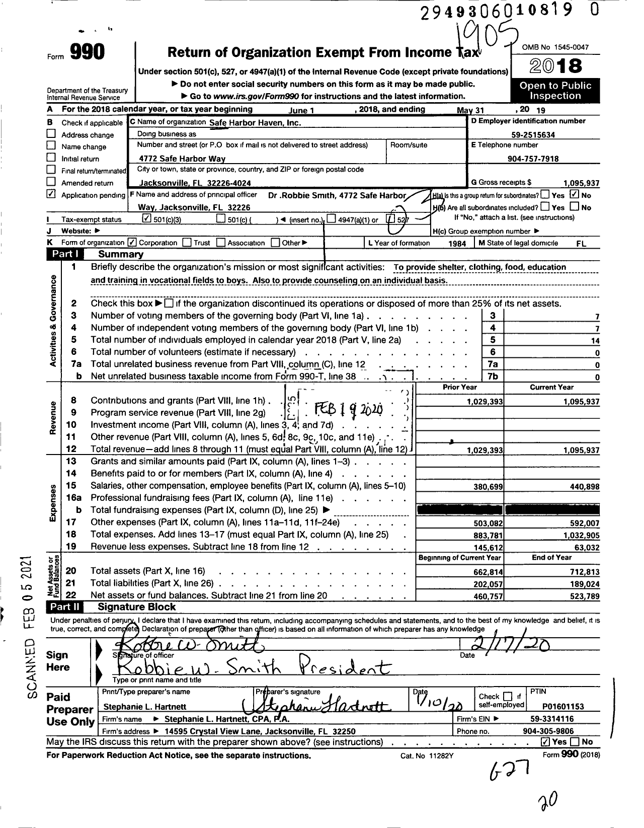 Image of first page of 2018 Form 990 for Safe Harbor Haven