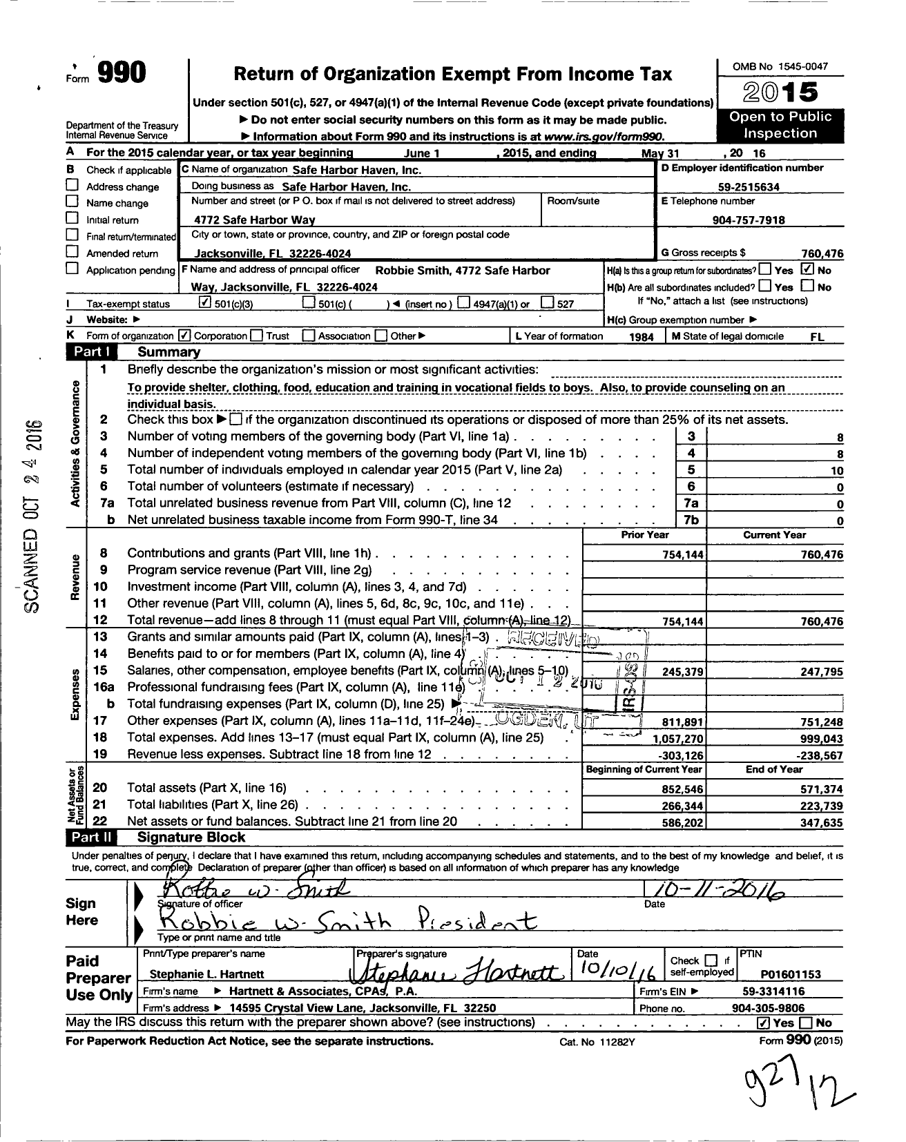 Image of first page of 2015 Form 990 for Safe Harbor Haven