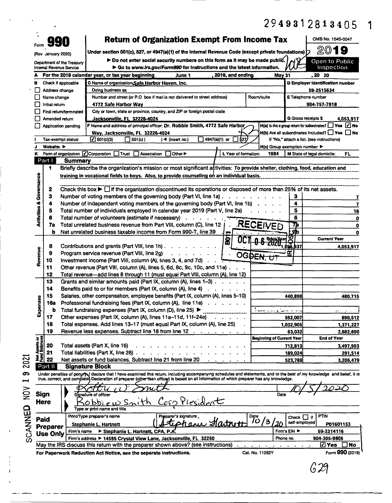Image of first page of 2019 Form 990 for Safe Harbor Haven