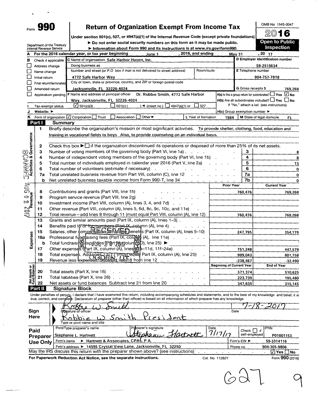 Image of first page of 2016 Form 990 for Safe Harbor Haven