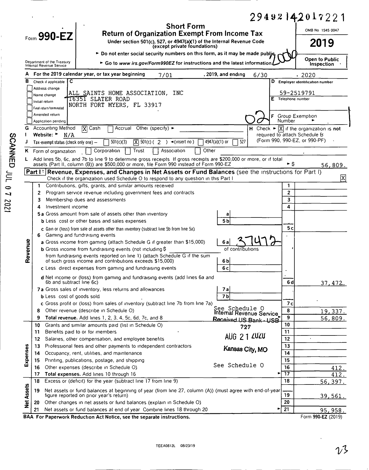 Image of first page of 2019 Form 990EO for All Saints Home Association