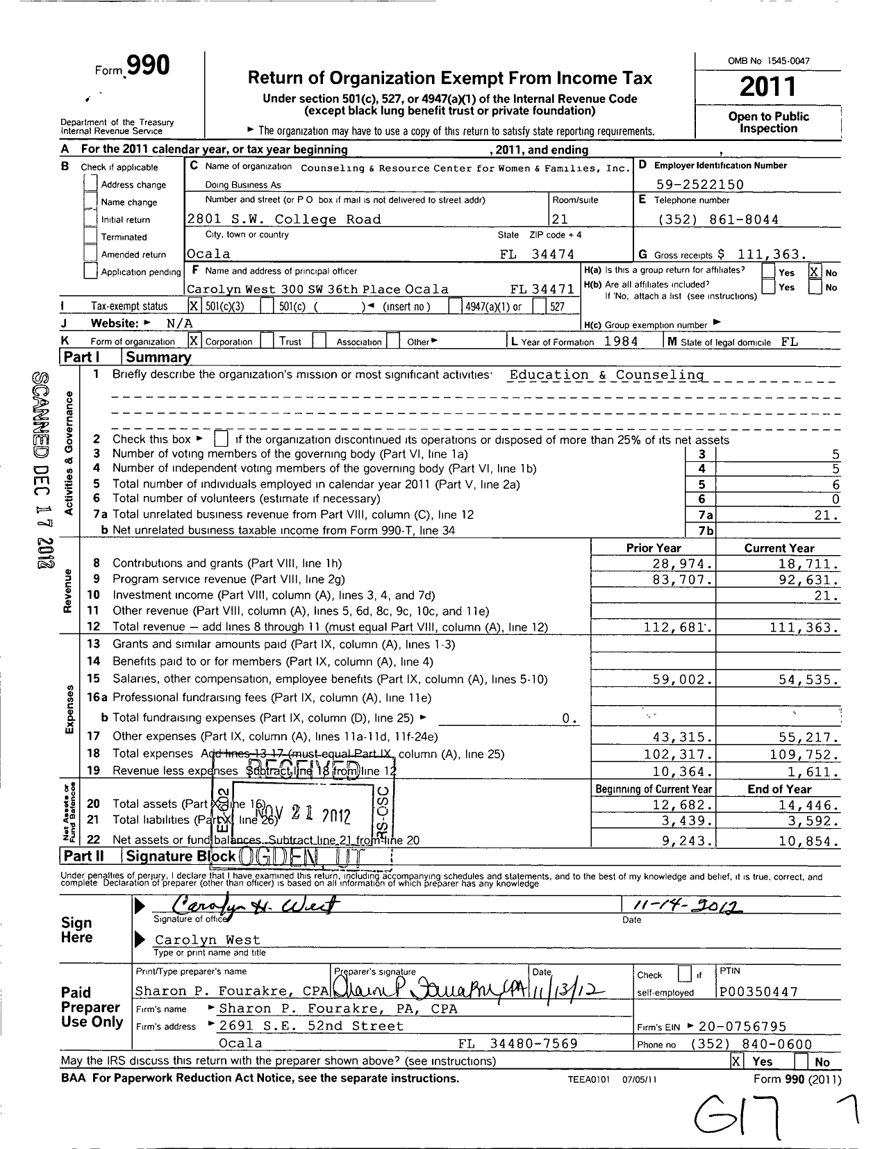 Image of first page of 2011 Form 990 for Counseling and Resource Center for Women