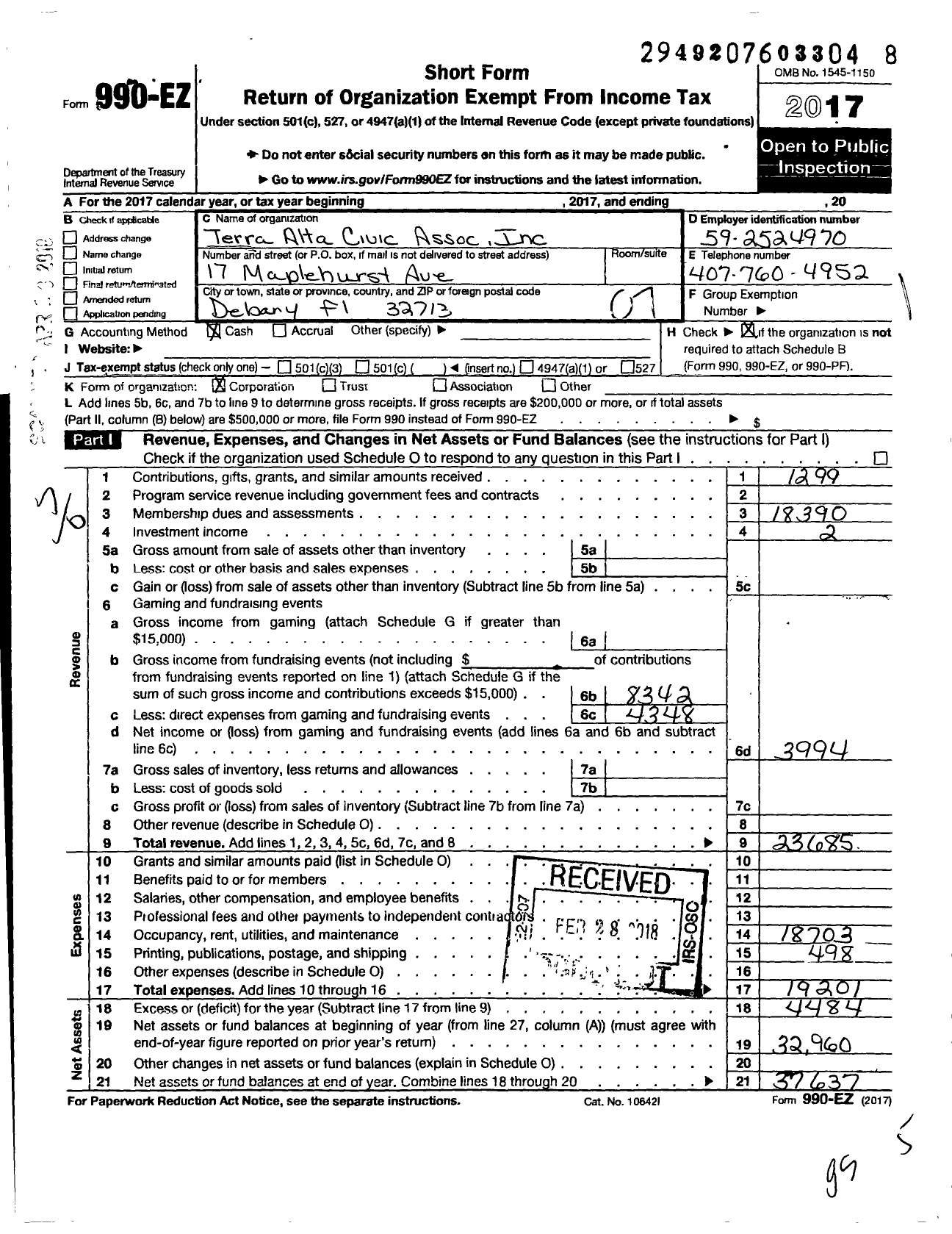 Image of first page of 2017 Form 990EO for Terra Alta Mobile Home Civic Association