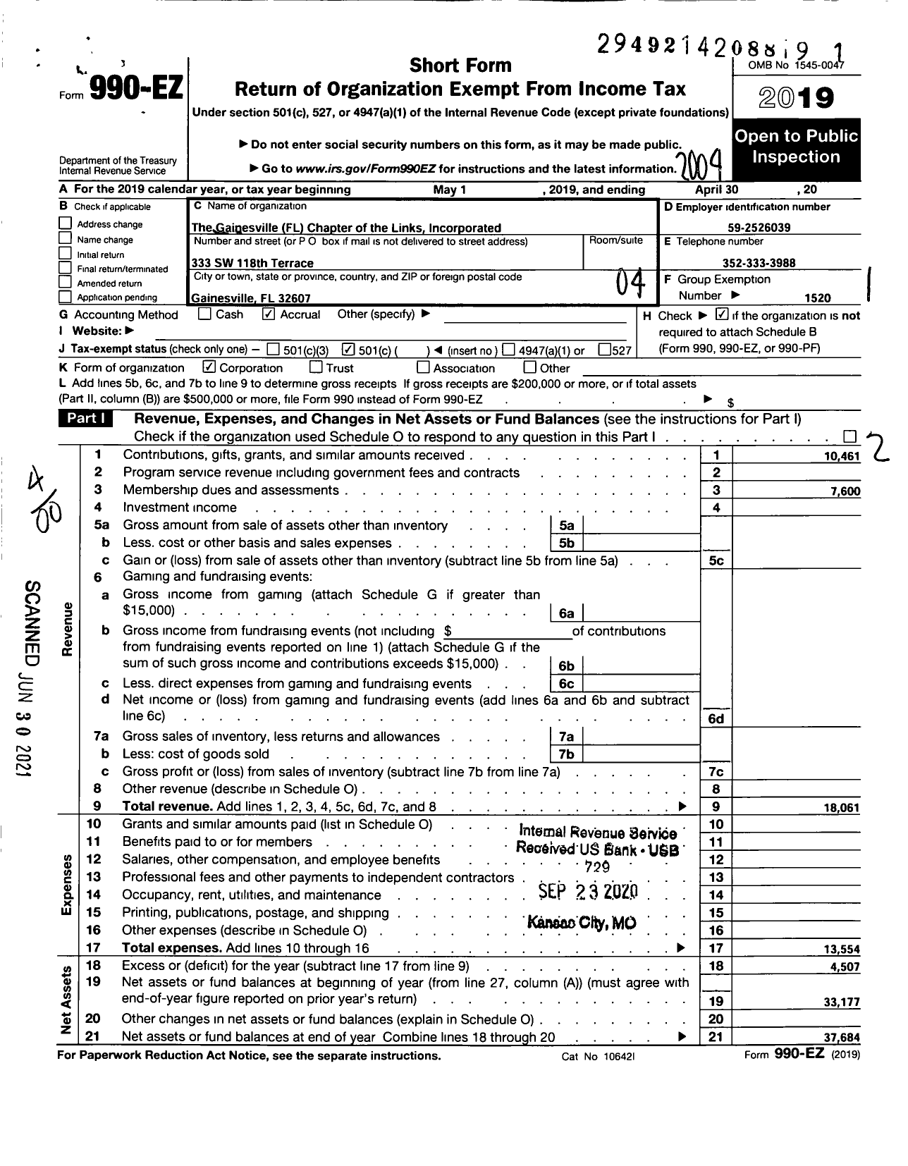 Image of first page of 2019 Form 990EO for The Gainesville Chapter of the Links Incorporated