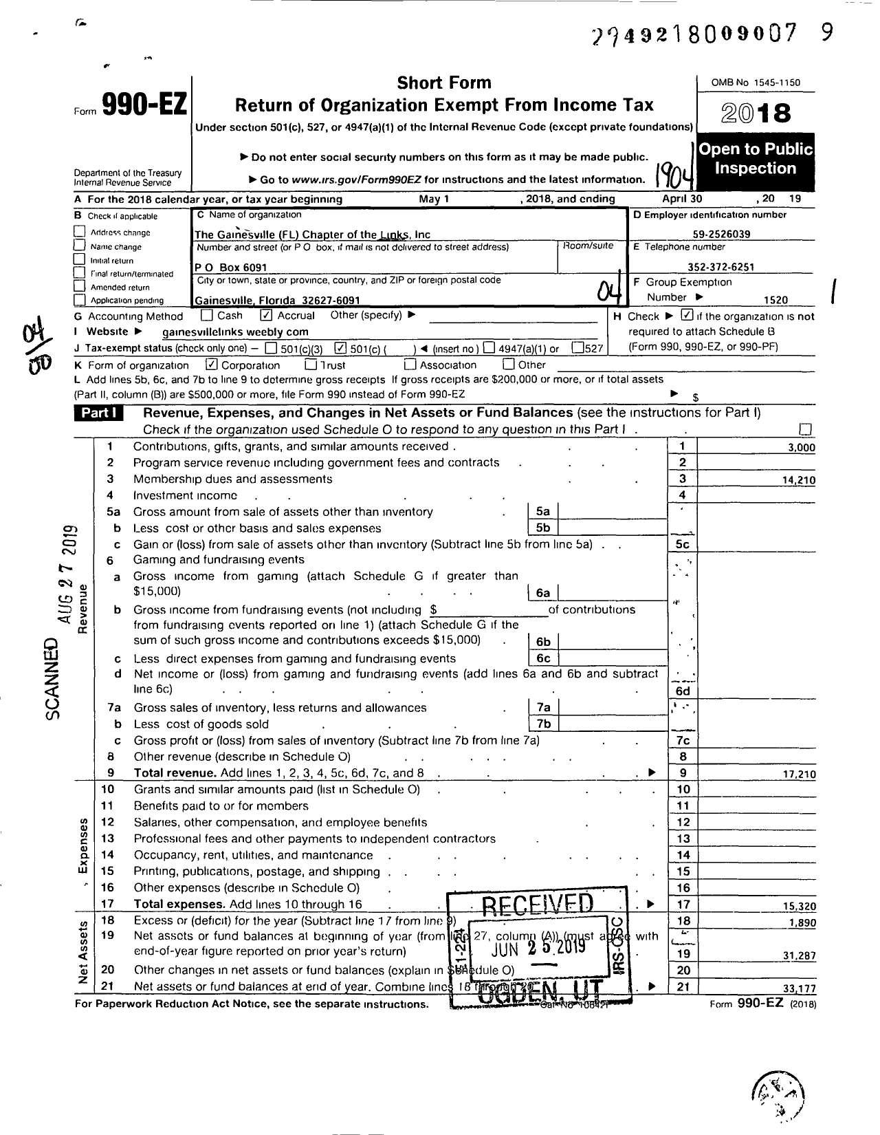 Image of first page of 2018 Form 990EO for The Gainesville Chapter of the Links Incorporated