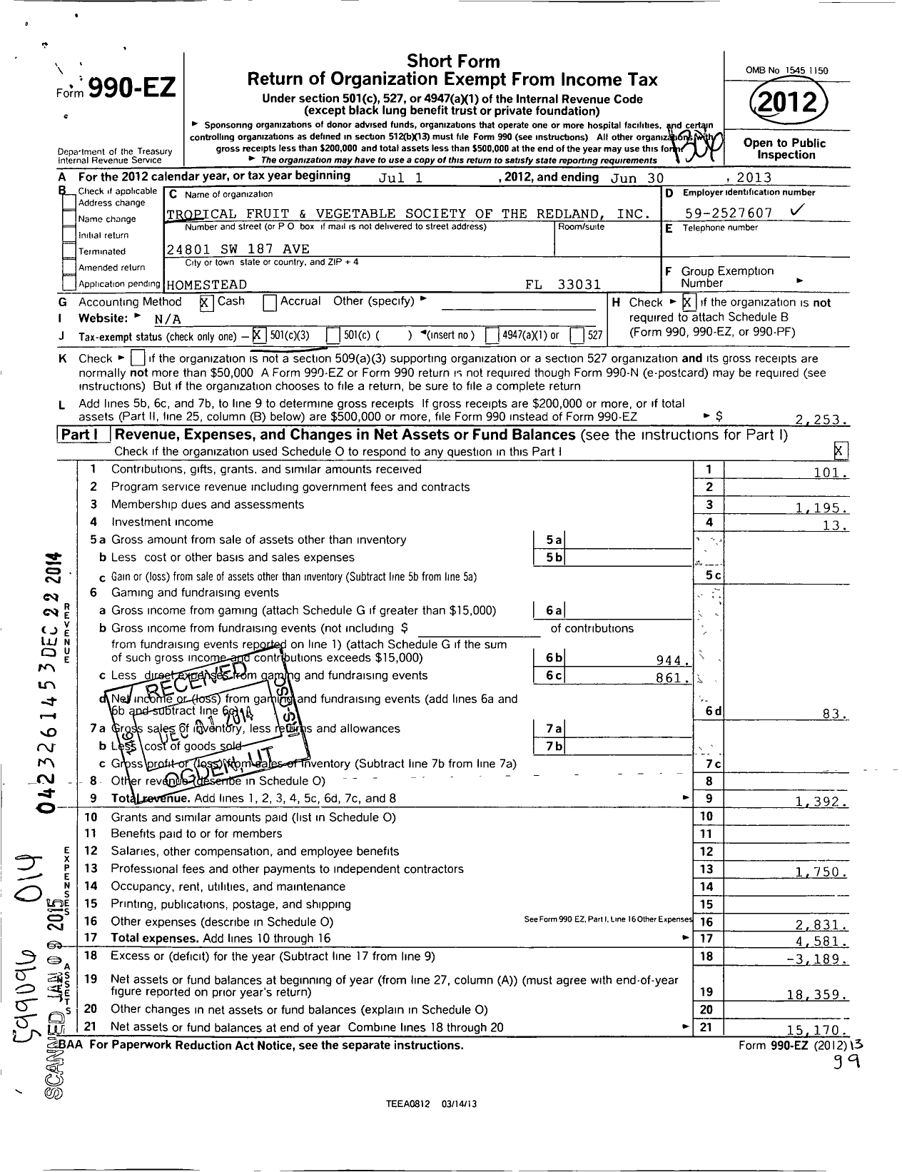 Image of first page of 2012 Form 990EZ for Tropical Fruit and Vegetable Society of the Redland