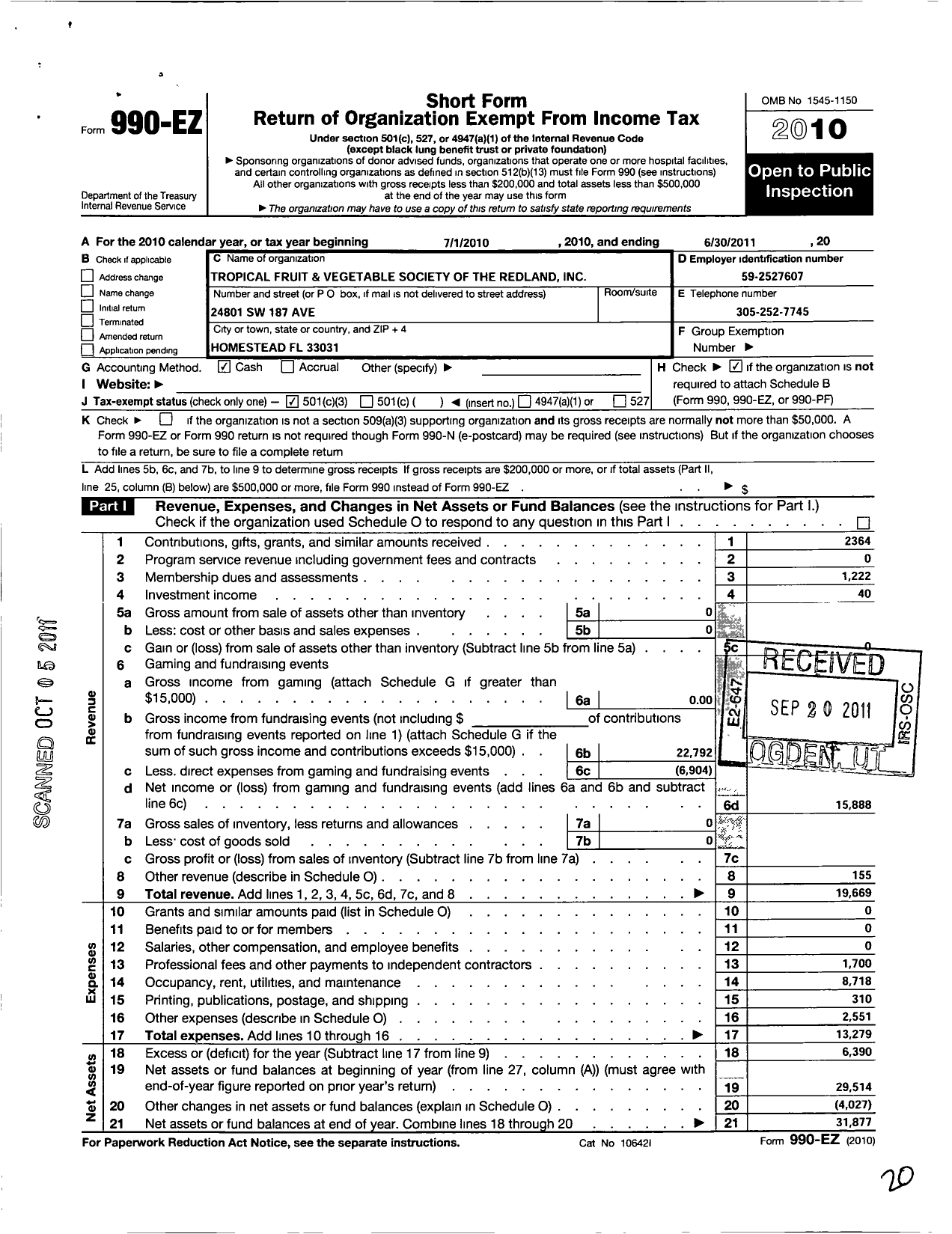 Image of first page of 2010 Form 990EZ for Tropical Fruit and Vegetable Society of the Redland