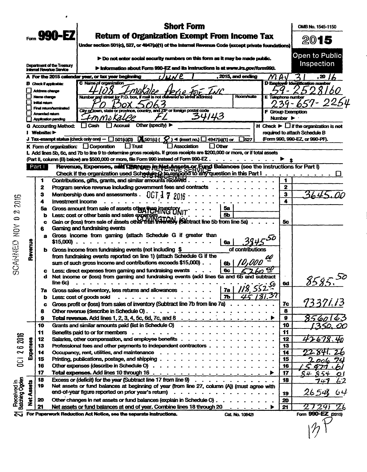 Image of first page of 2015 Form 990EO for Fraternal Order of Eagles - 4108 Aerie