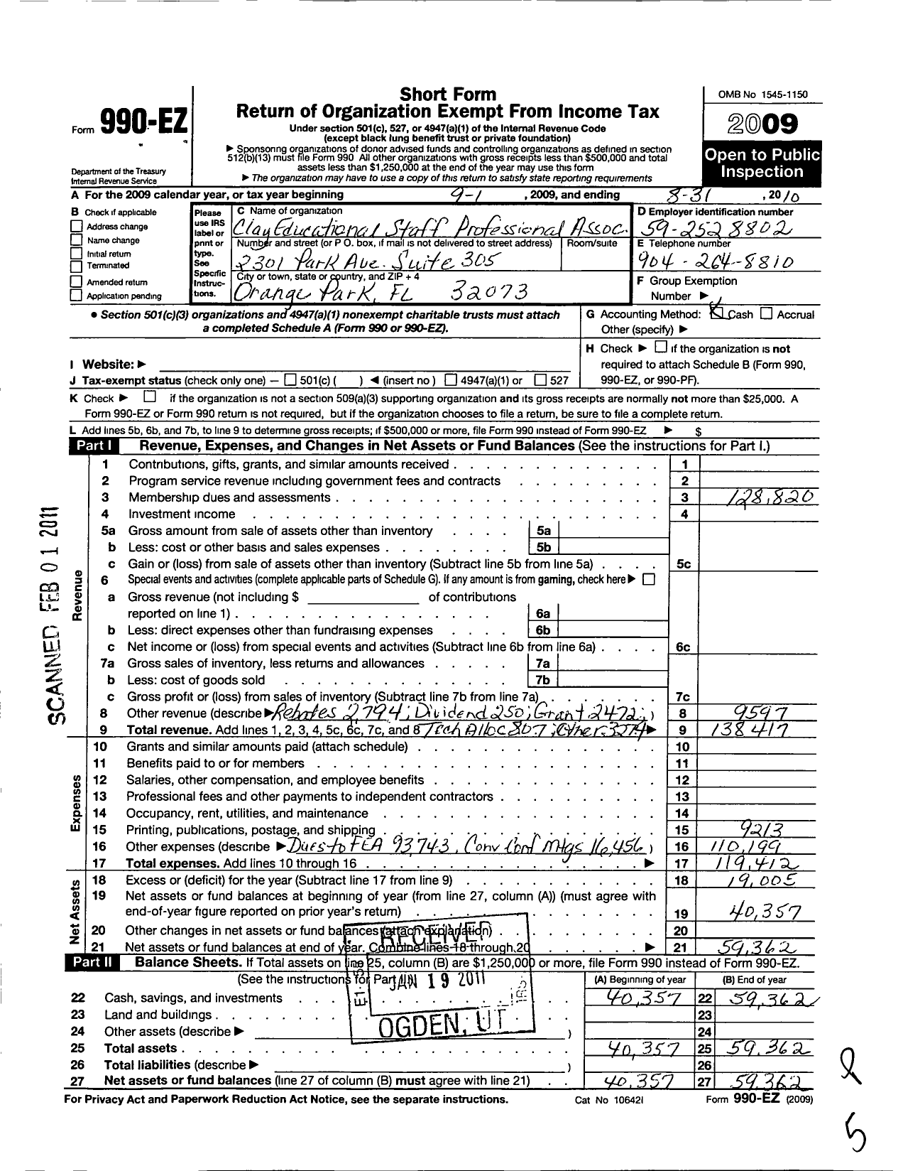 Image of first page of 2009 Form 990EO for Florida Education Association / Clay Educational Support Personnel