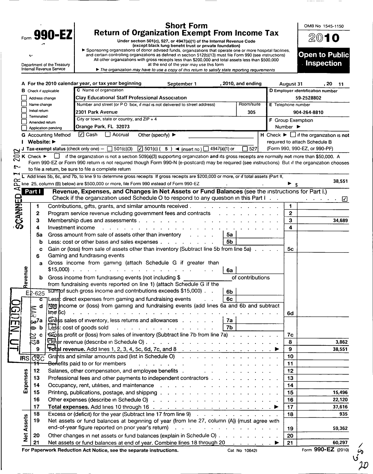 Image of first page of 2010 Form 990EO for Florida Education Association / Clay Educational Support Personnel