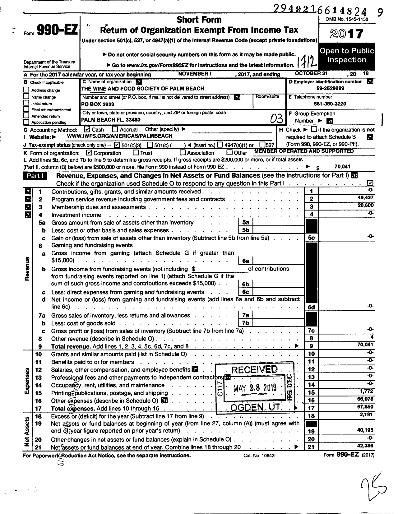 Image of first page of 2017 Form 990EZ for The Wine and Food Society of Palm Beach