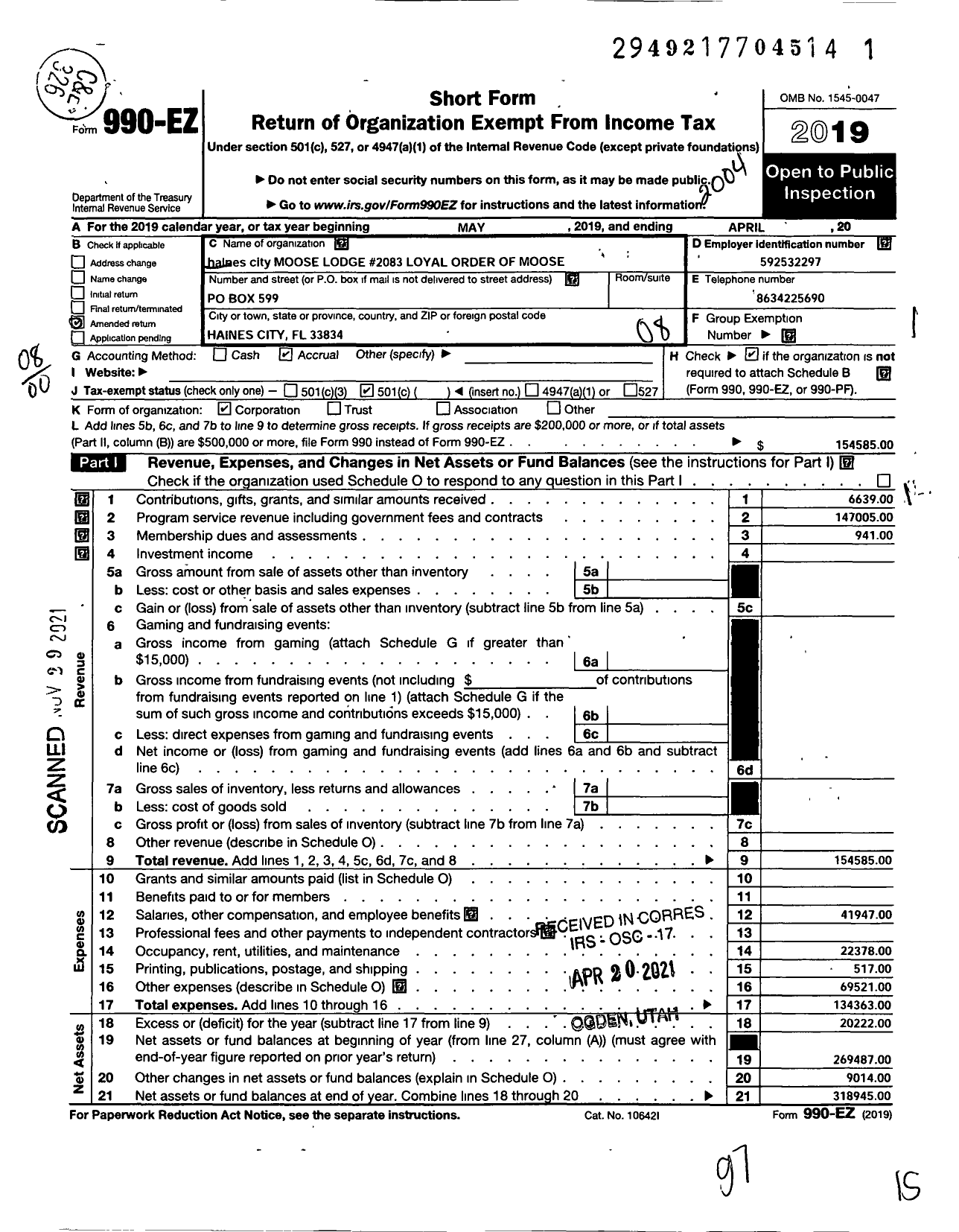 Image of first page of 2019 Form 990EO for Loyal Order of Moose - 2083