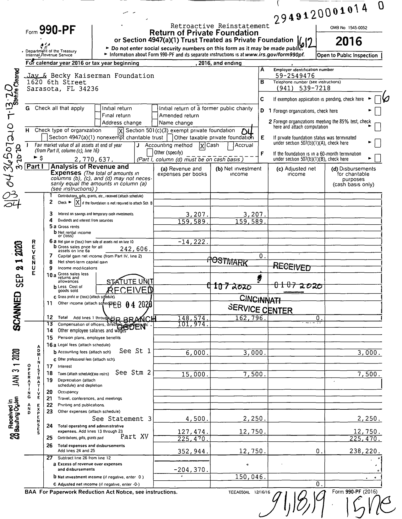 Image of first page of 2016 Form 990PR for Jay and Becky Kaiserman Foundation