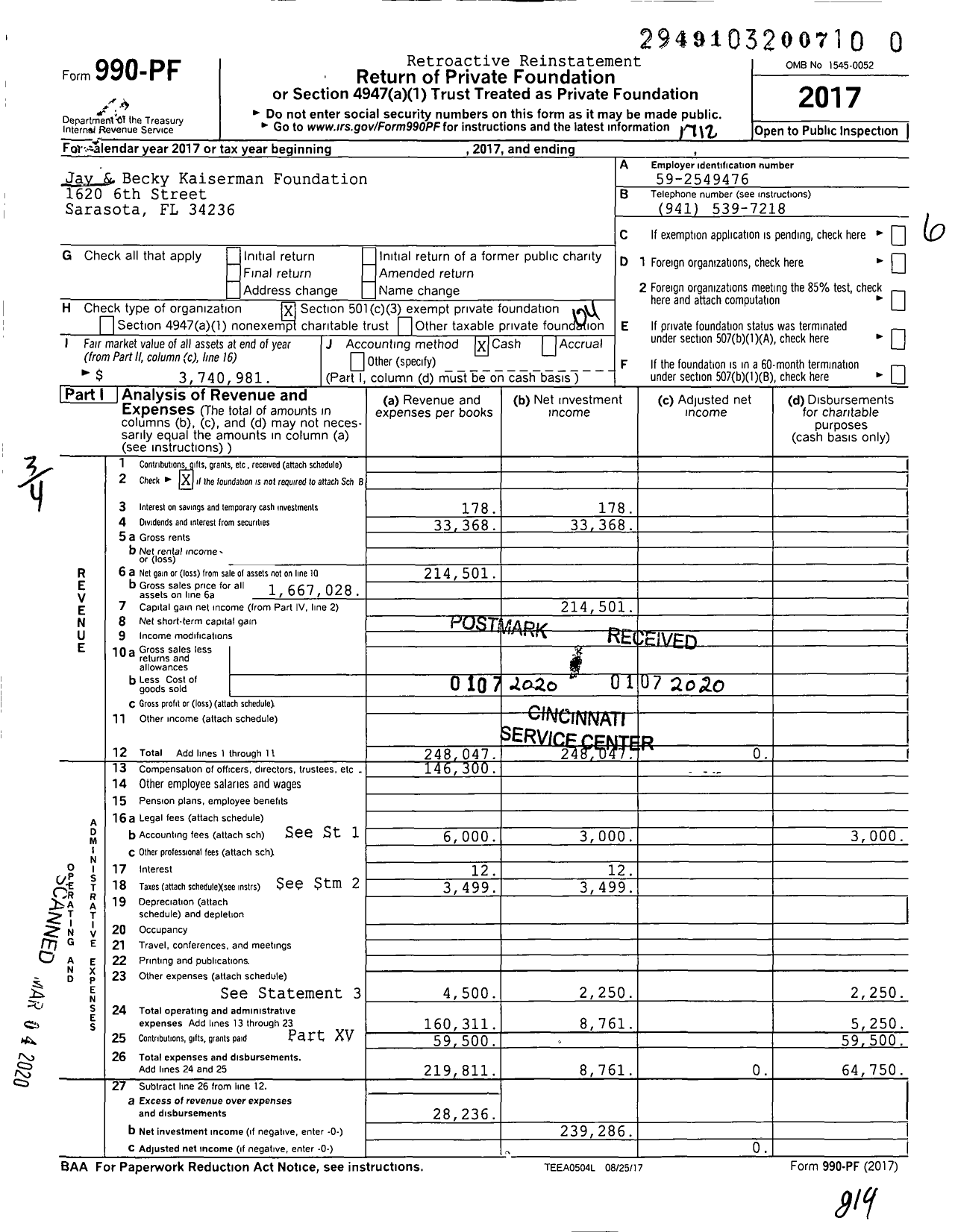 Image of first page of 2017 Form 990PR for Jay and Becky Kaiserman Foundation