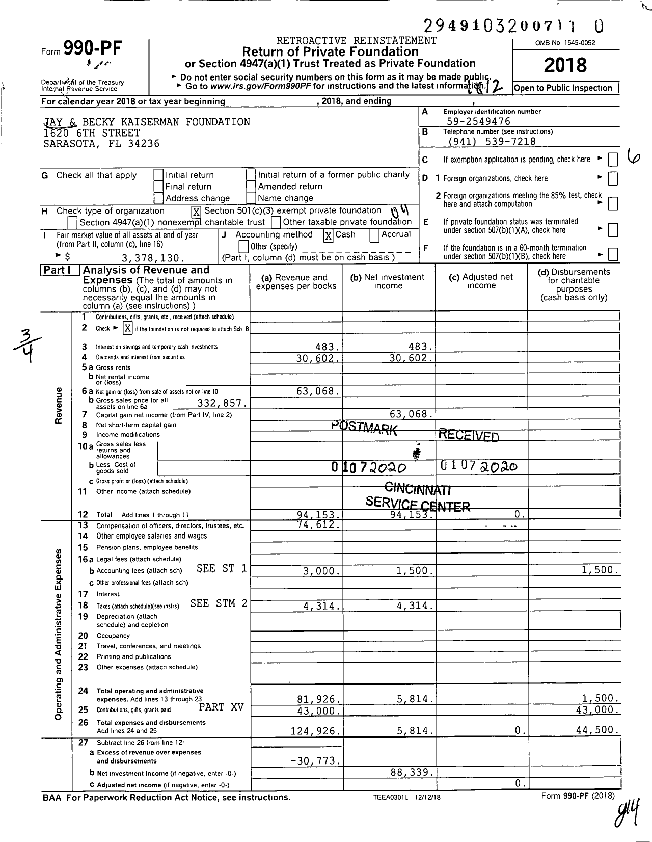 Image of first page of 2018 Form 990PR for Jay and Becky Kaiserman Foundation