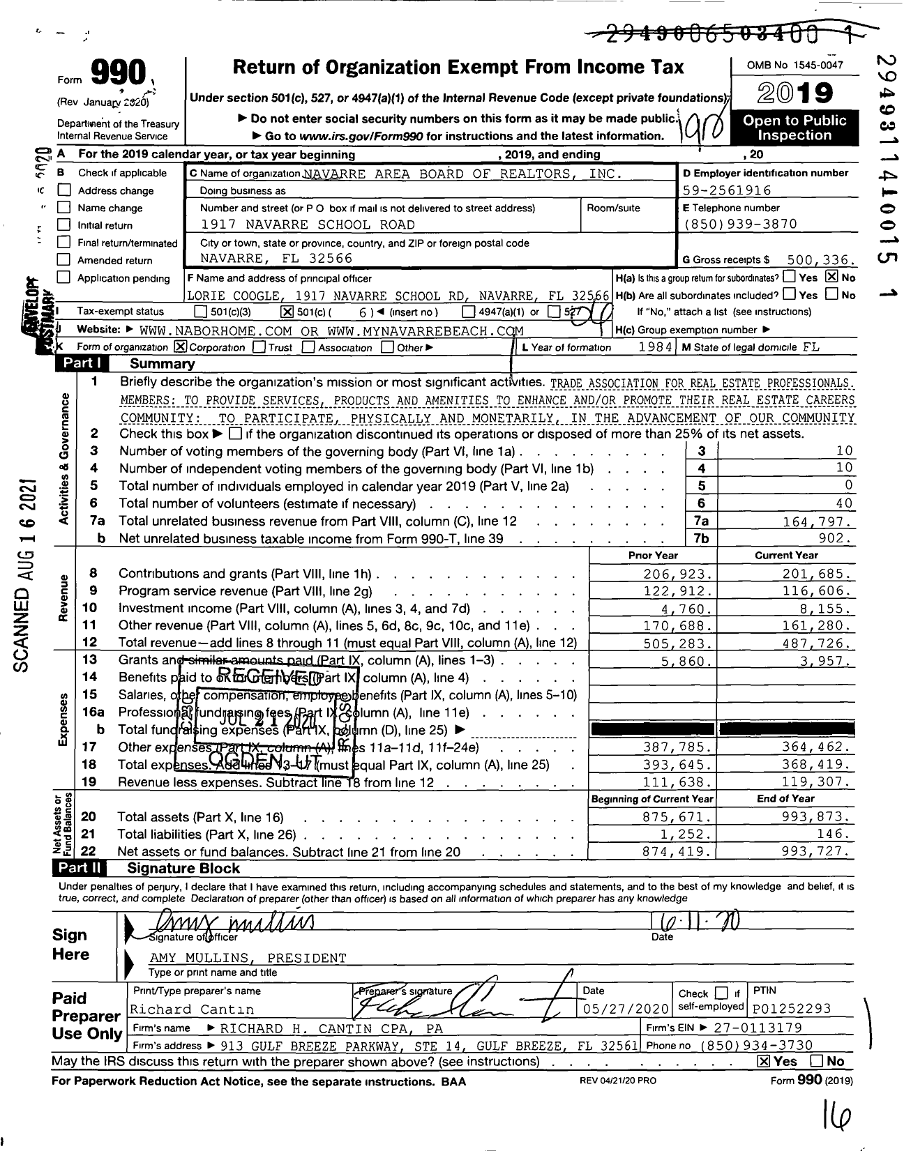 Image of first page of 2019 Form 990O for Navarre Area Board of Realtors