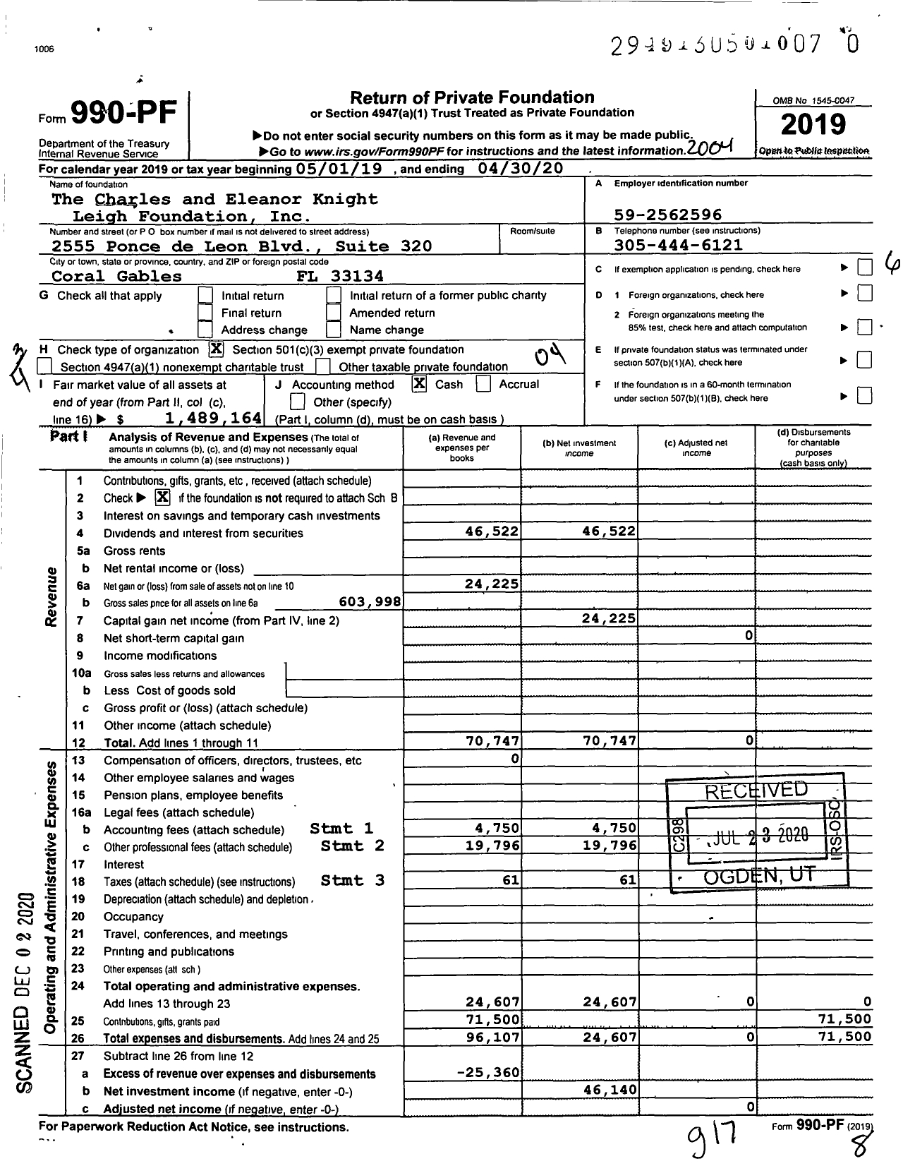 Image of first page of 2019 Form 990PF for The Charles and Eleanor Knight Leigh Foundation